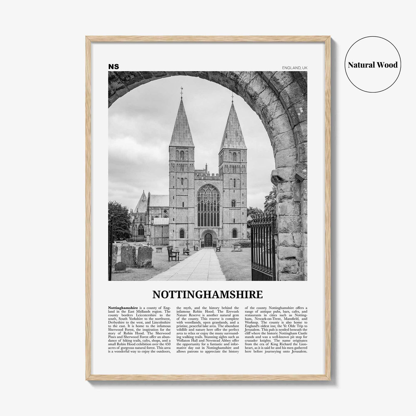 Nottinghamshire Print Black and White, Nottinghamshire Wall Art, Nottinghamshire Poster, Nottinghamshire Photo, Nottinghamshire Map, England