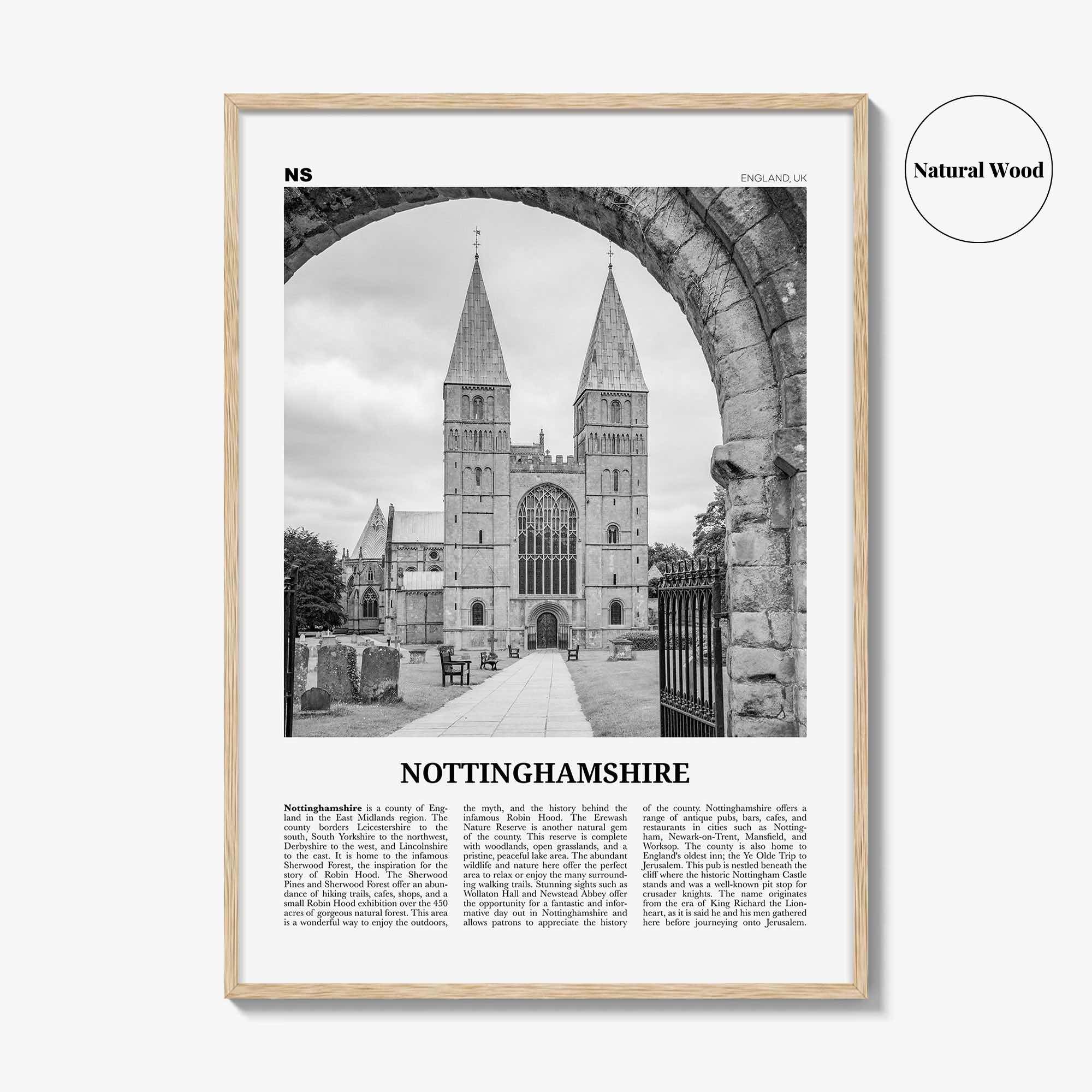 Nottinghamshire Print Black and White, Nottinghamshire Wall Art, Nottinghamshire Poster, Nottinghamshire Photo, Nottinghamshire Map, England