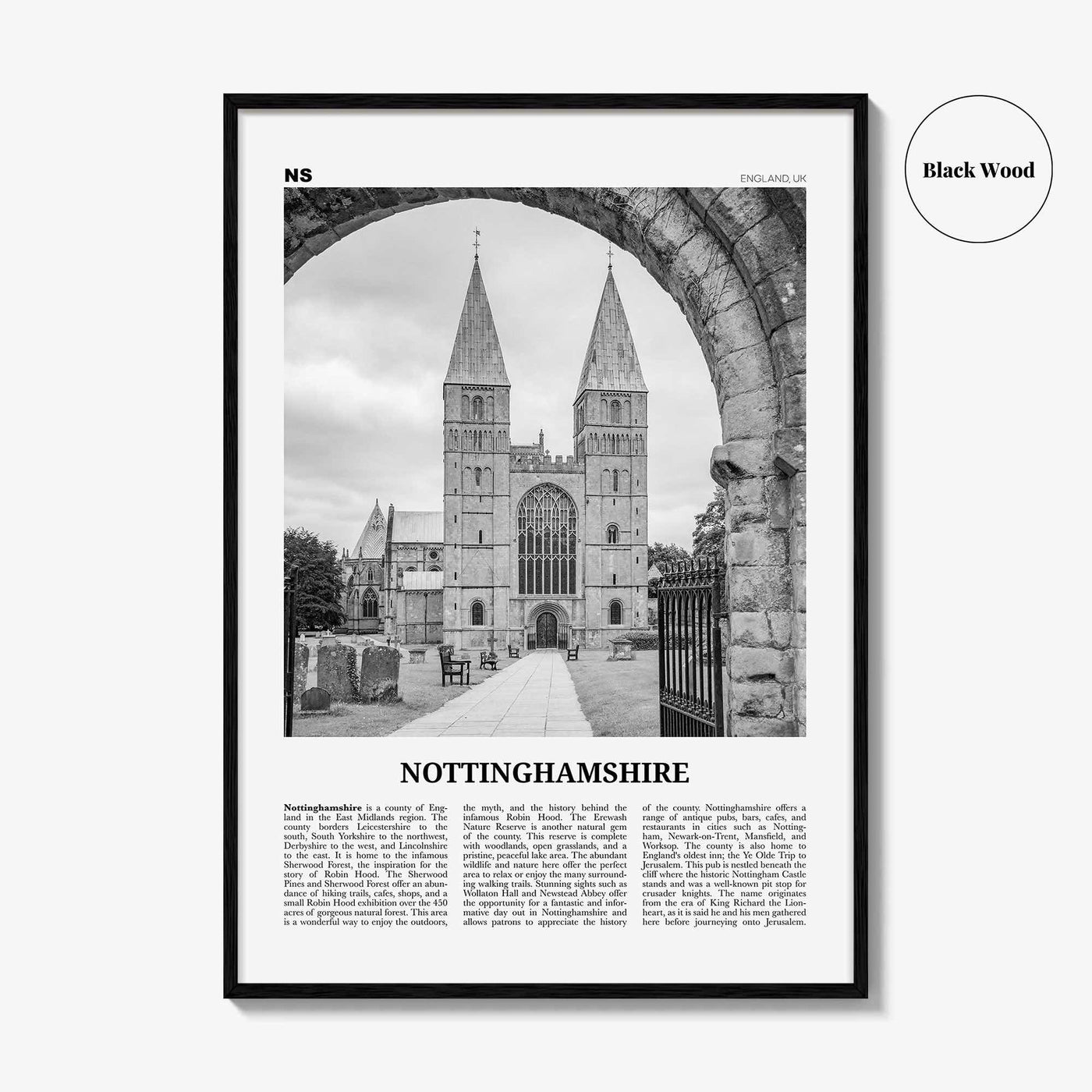 Nottinghamshire Print Black and White, Nottinghamshire Wall Art, Nottinghamshire Poster, Nottinghamshire Photo, Nottinghamshire Map, England