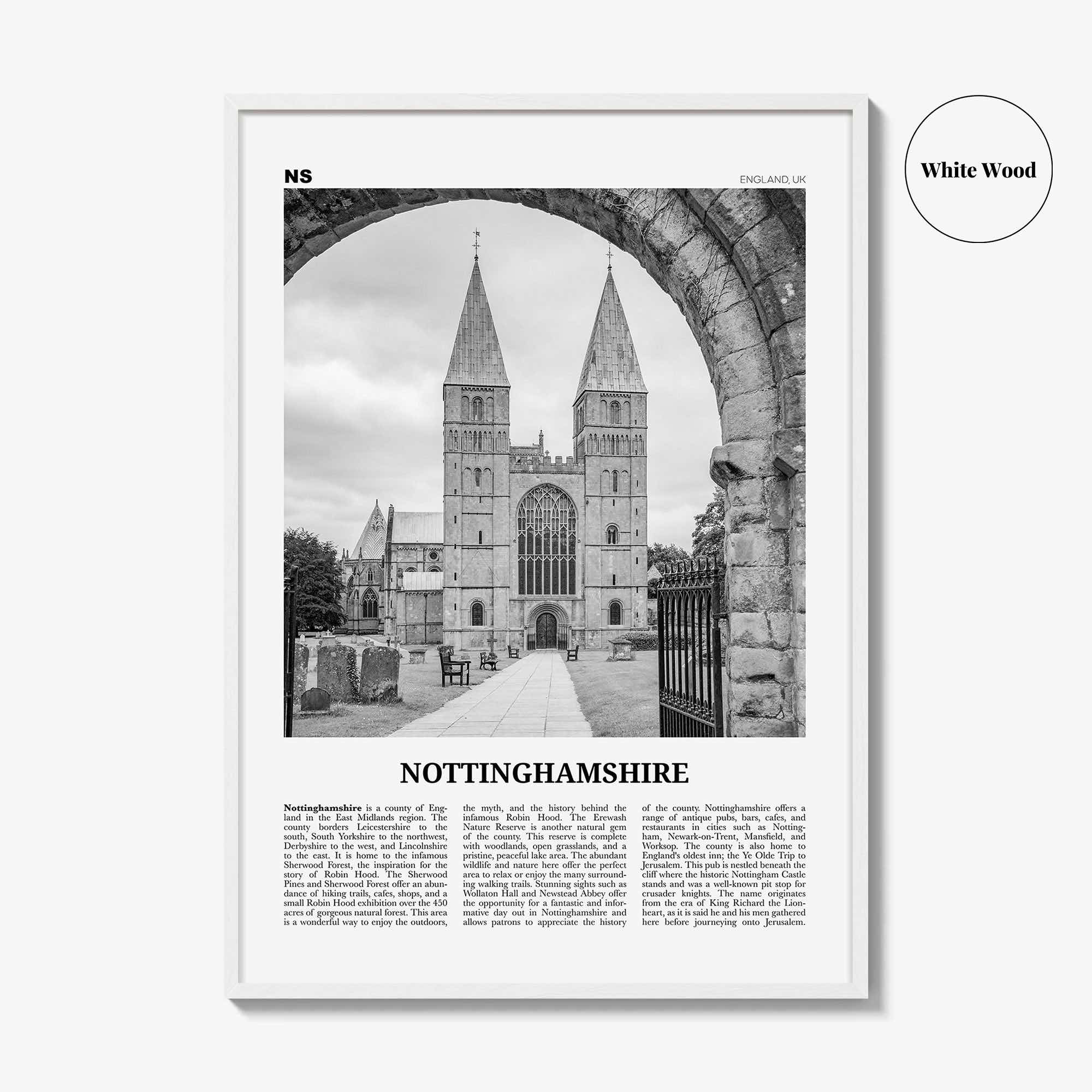 Nottinghamshire Print Black and White, Nottinghamshire Wall Art, Nottinghamshire Poster, Nottinghamshire Photo, Nottinghamshire Map, England