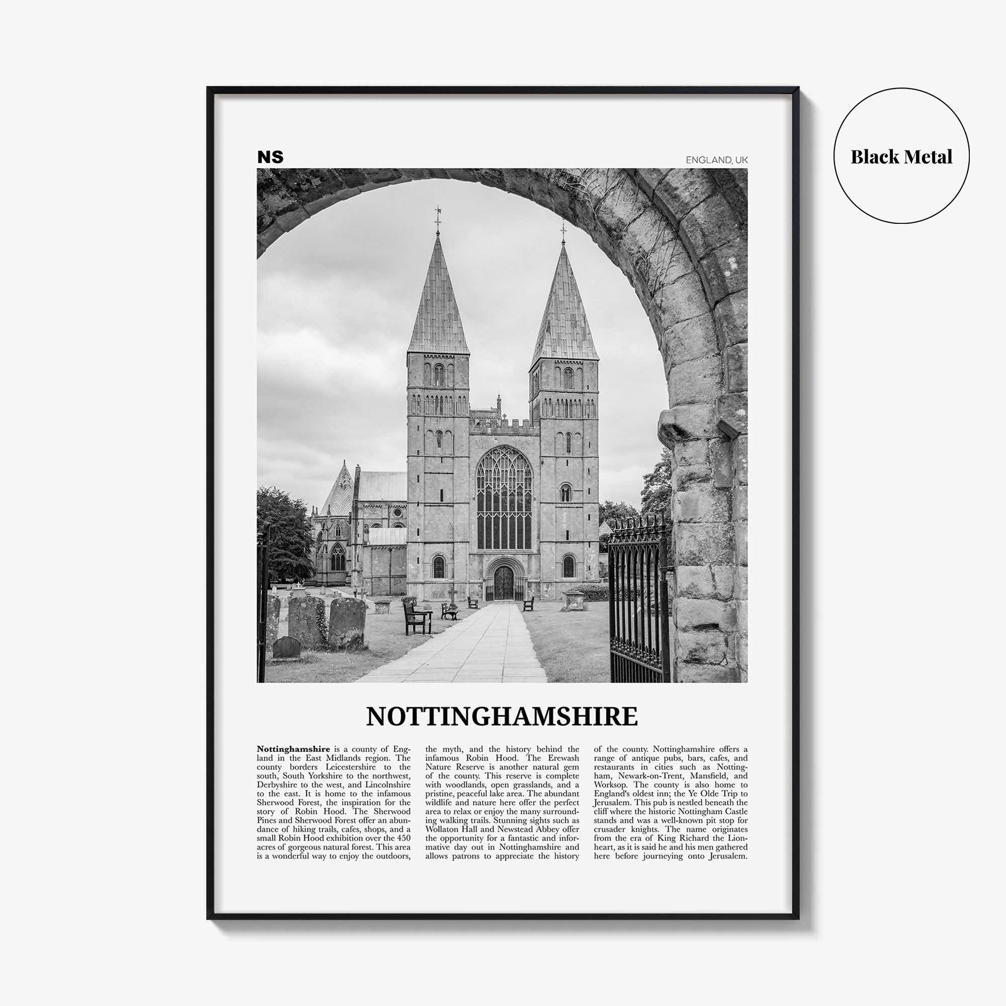 Nottinghamshire Print Black and White, Nottinghamshire Wall Art, Nottinghamshire Poster, Nottinghamshire Photo, Nottinghamshire Map, England