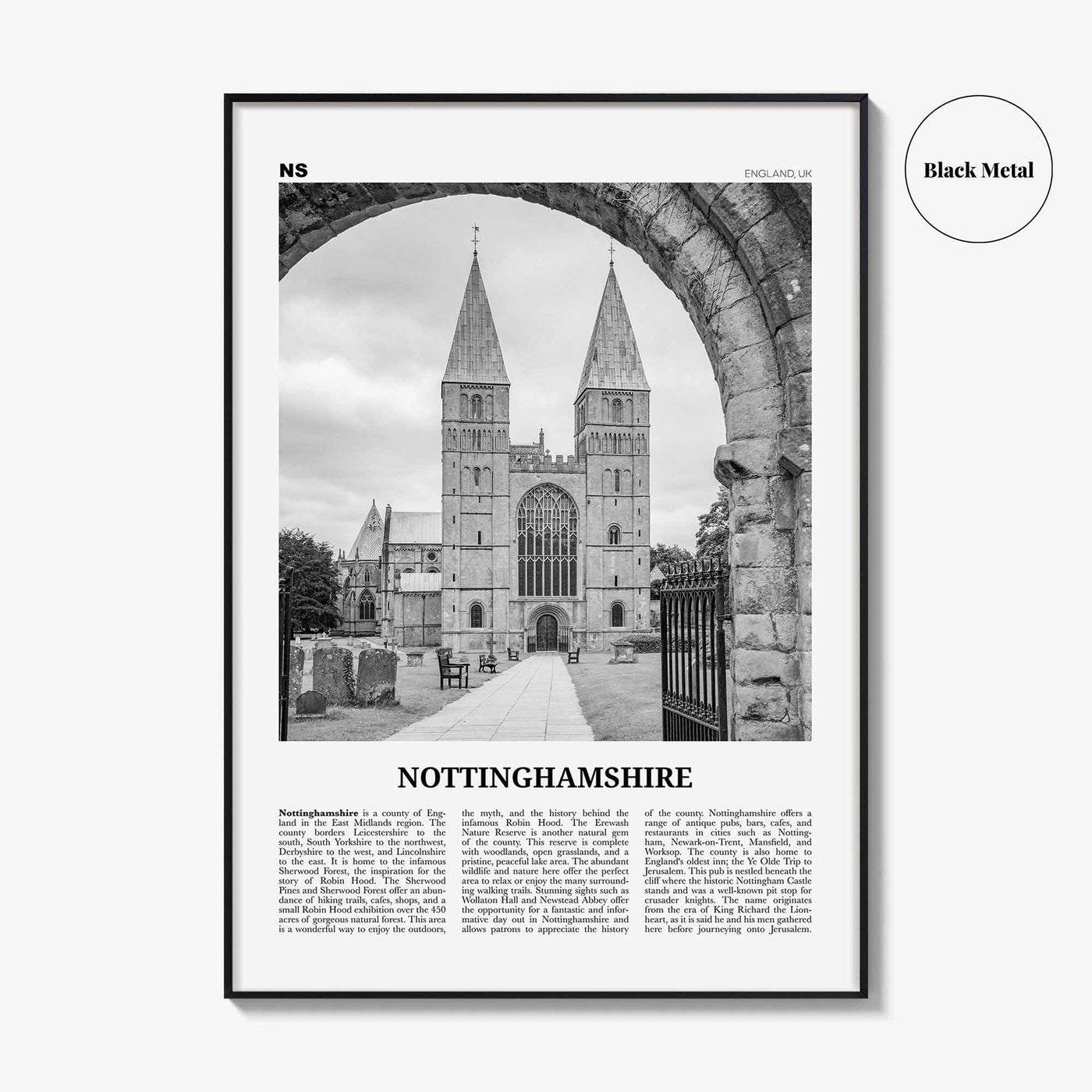 Nottinghamshire Print Black and White, Nottinghamshire Wall Art, Nottinghamshire Poster, Nottinghamshire Photo, Nottinghamshire Map, England