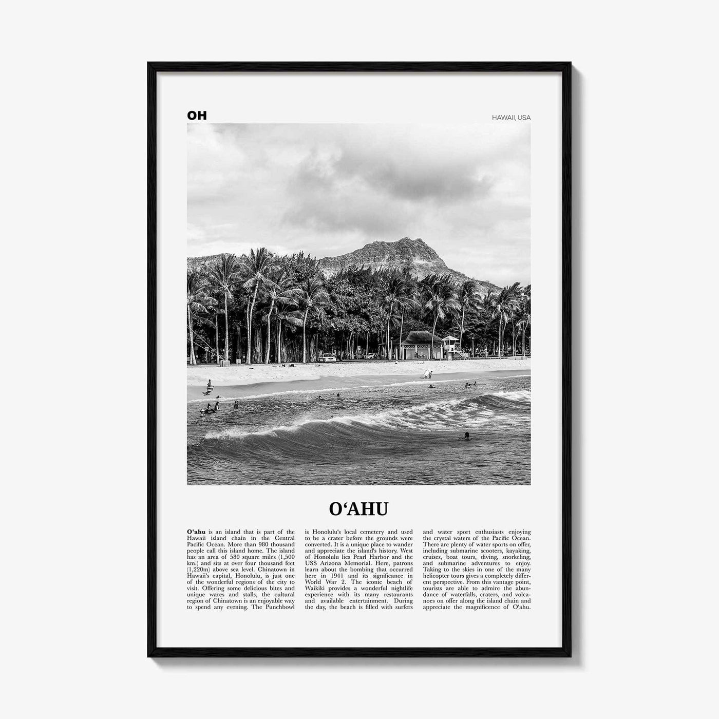 Oahu Print Black and White, O‘ahu Wall Art, O‘ahu Poster, O‘ahu Photo, O‘ahu Map, Oahu, Hawaii, USA, United States