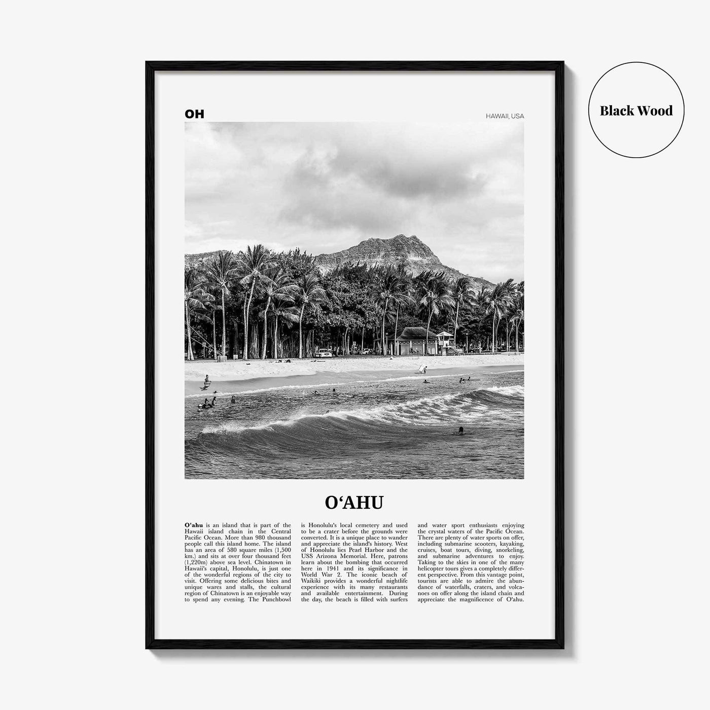 Oahu Print Black and White, O‘ahu Wall Art, O‘ahu Poster, O‘ahu Photo, O‘ahu Map, Oahu, Hawaii, USA, United States