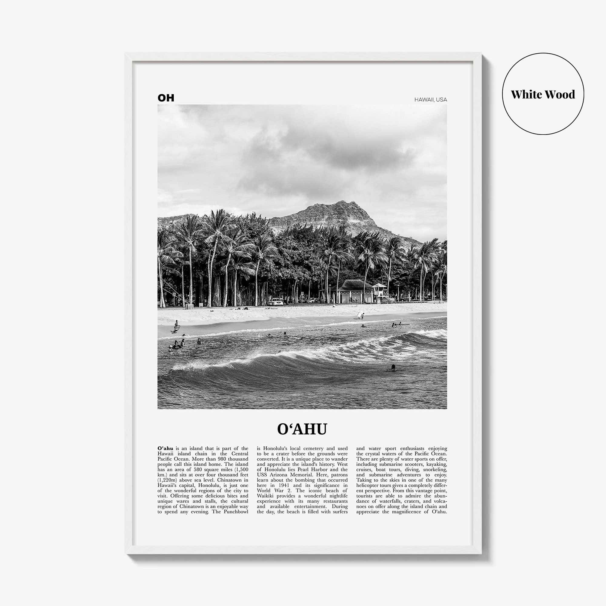 Oahu Print Black and White, O‘ahu Wall Art, O‘ahu Poster, O‘ahu Photo, O‘ahu Map, Oahu, Hawaii, USA, United States