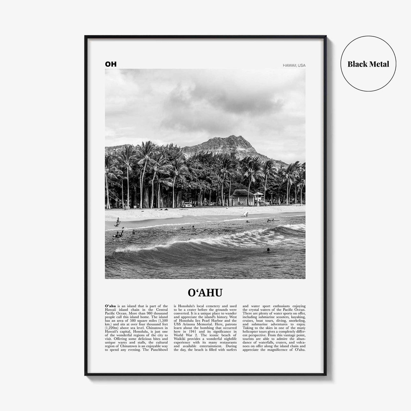 Oahu Print Black and White, O‘ahu Wall Art, O‘ahu Poster, O‘ahu Photo, O‘ahu Map, Oahu, Hawaii, USA, United States