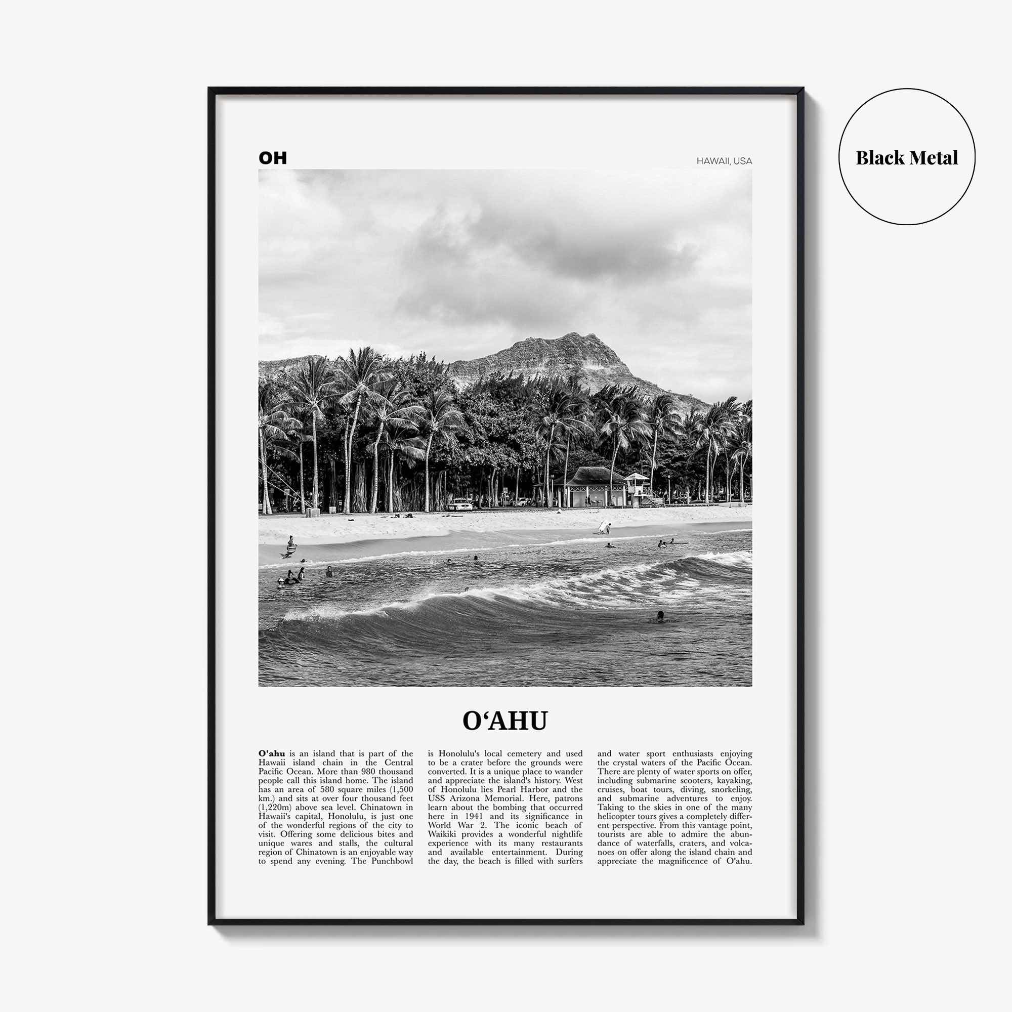 Oahu Print Black and White, O‘ahu Wall Art, O‘ahu Poster, O‘ahu Photo, O‘ahu Map, Oahu, Hawaii, USA, United States