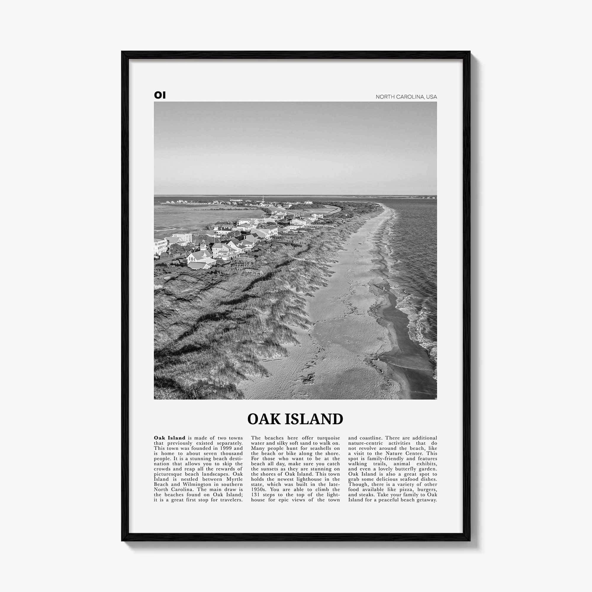 Oak Island Print Black and White, Oak Island Wall Art, Oak Island Poster, Oak Island Photo, Oak Island Map, North Carolina, USA