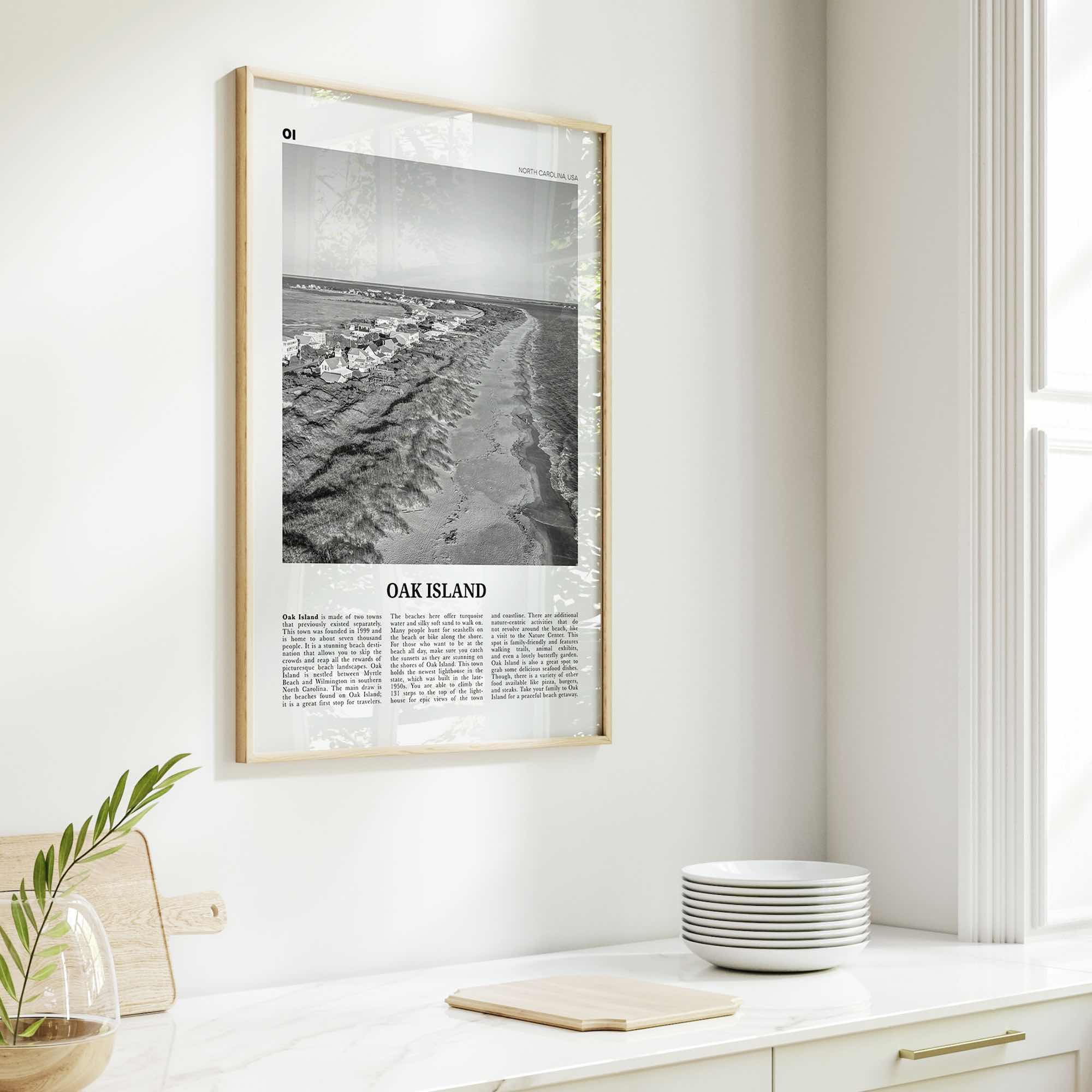 Oak Island Print Black and White, Oak Island Wall Art, Oak Island Poster, Oak Island Photo, Oak Island Map, North Carolina, USA