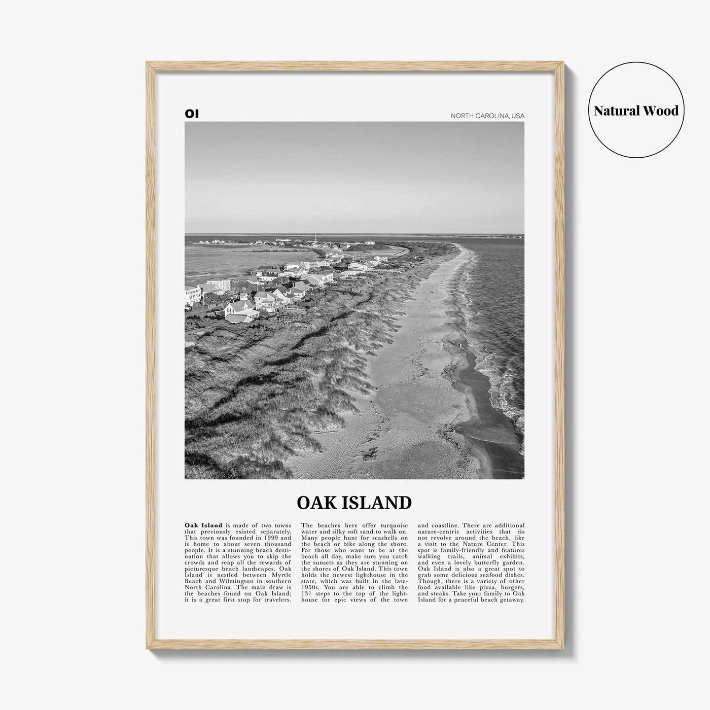 Oak Island Print Black and White, Oak Island Wall Art, Oak Island Poster, Oak Island Photo, Oak Island Map, North Carolina, USA