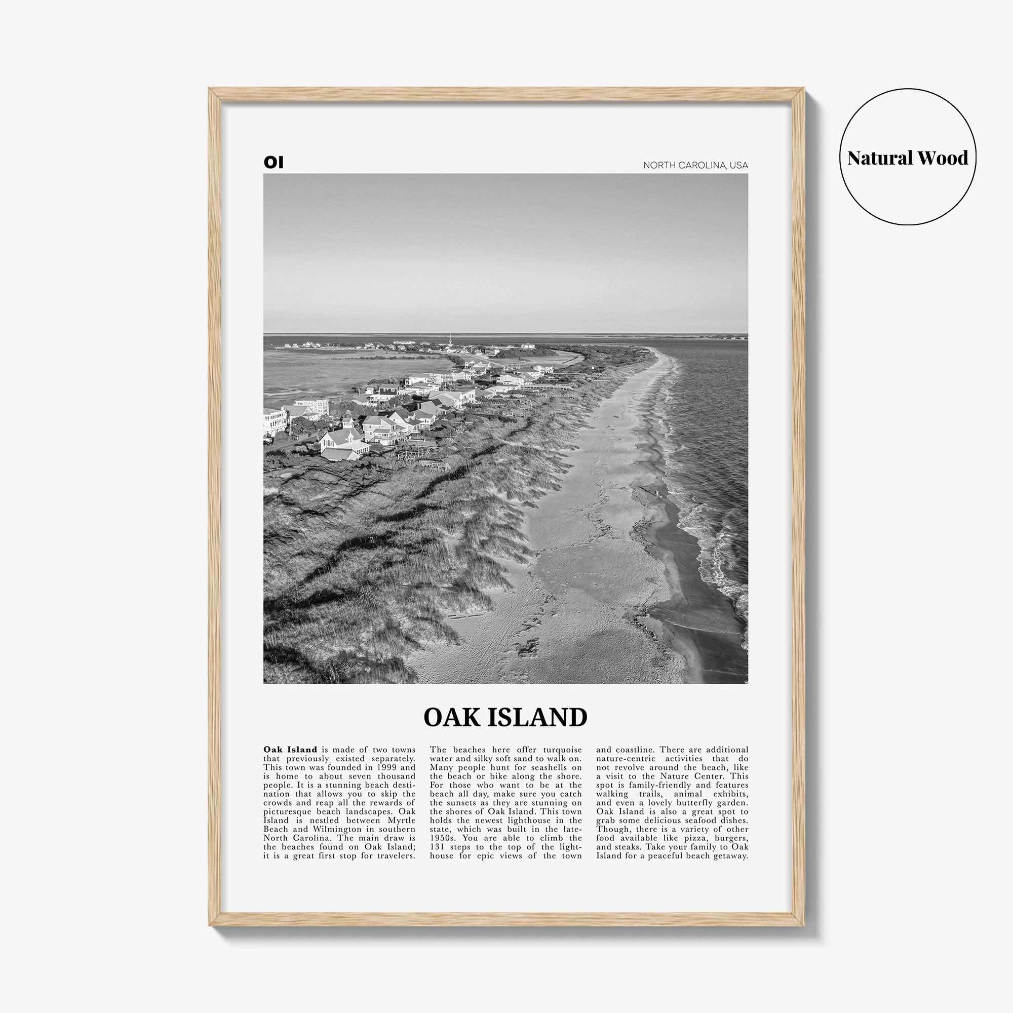 Oak Island Print Black and White, Oak Island Wall Art, Oak Island Poster, Oak Island Photo, Oak Island Map, North Carolina, USA