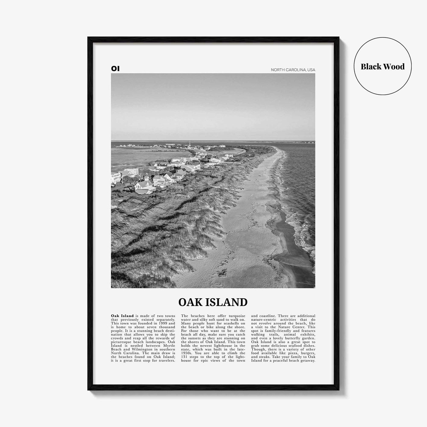 Oak Island Print Black and White, Oak Island Wall Art, Oak Island Poster, Oak Island Photo, Oak Island Map, North Carolina, USA