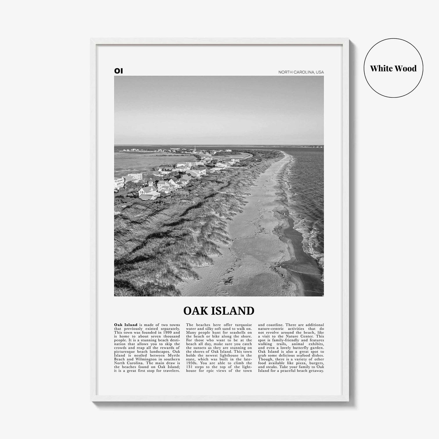 Oak Island Print Black and White, Oak Island Wall Art, Oak Island Poster, Oak Island Photo, Oak Island Map, North Carolina, USA