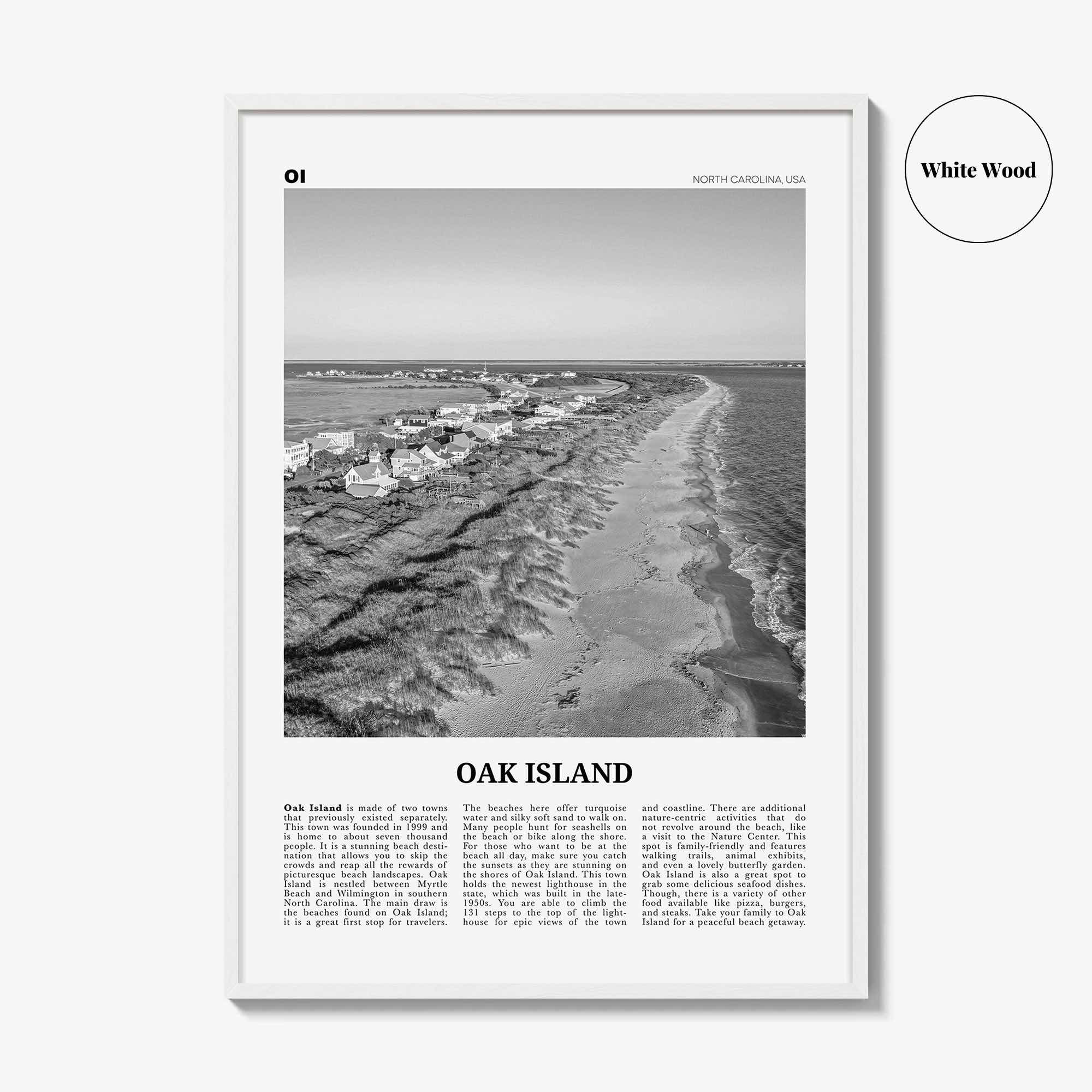 Oak Island Print Black and White, Oak Island Wall Art, Oak Island Poster, Oak Island Photo, Oak Island Map, North Carolina, USA