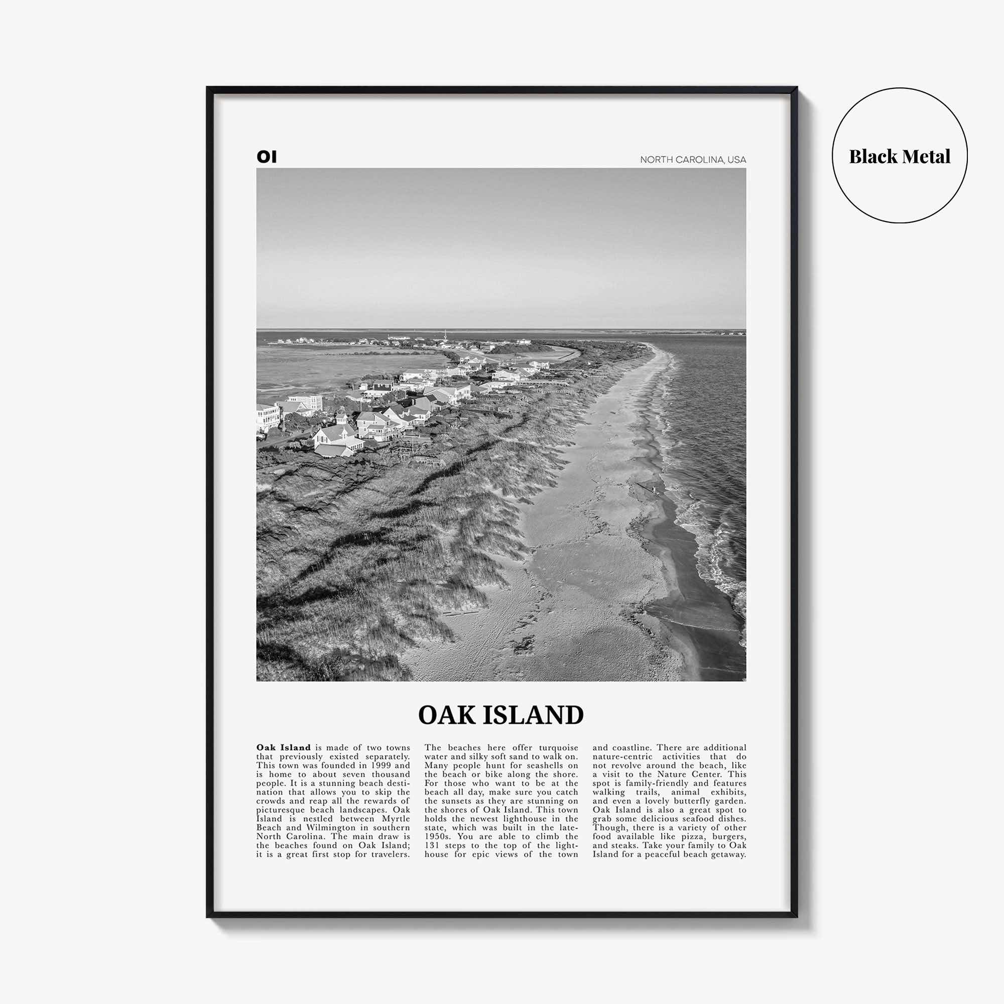 Oak Island Print Black and White, Oak Island Wall Art, Oak Island Poster, Oak Island Photo, Oak Island Map, North Carolina, USA