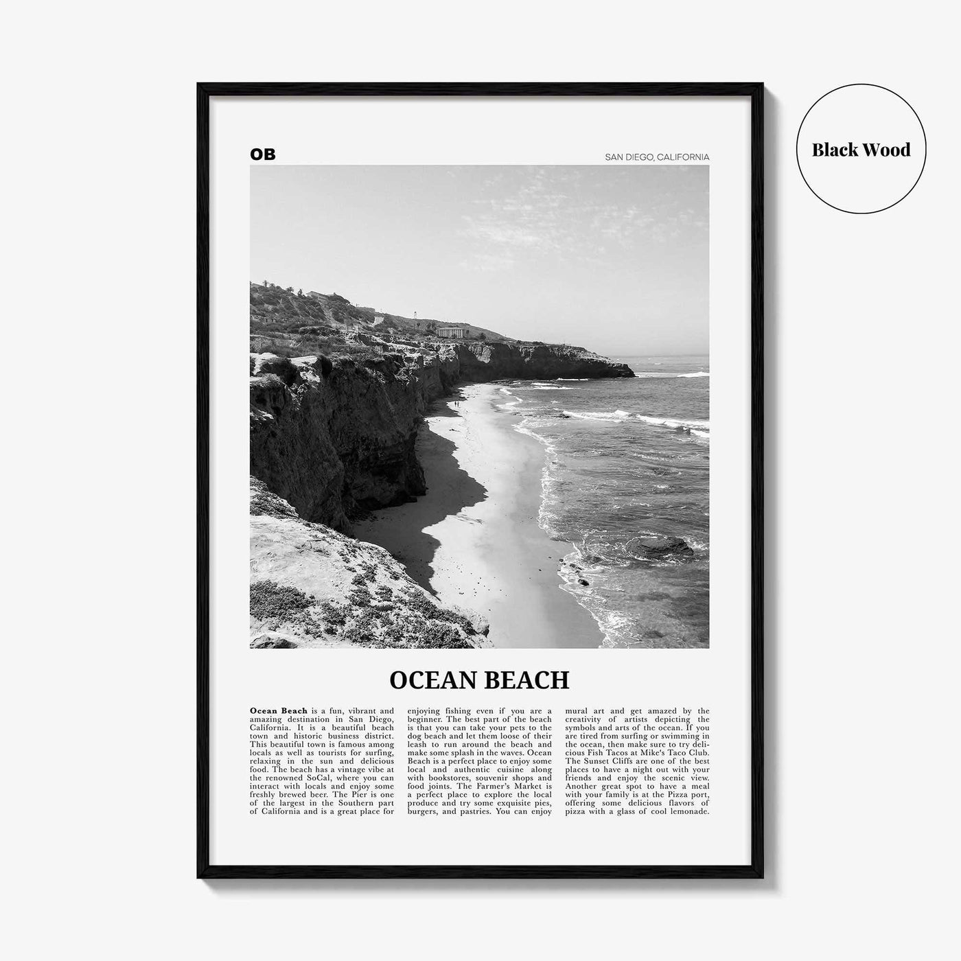 Ocean Beach Print Black and White, Ocean Beach Wall Art, Ocean Beach Poster, Ocean Beach Photo, San Diego, California, USA, United States