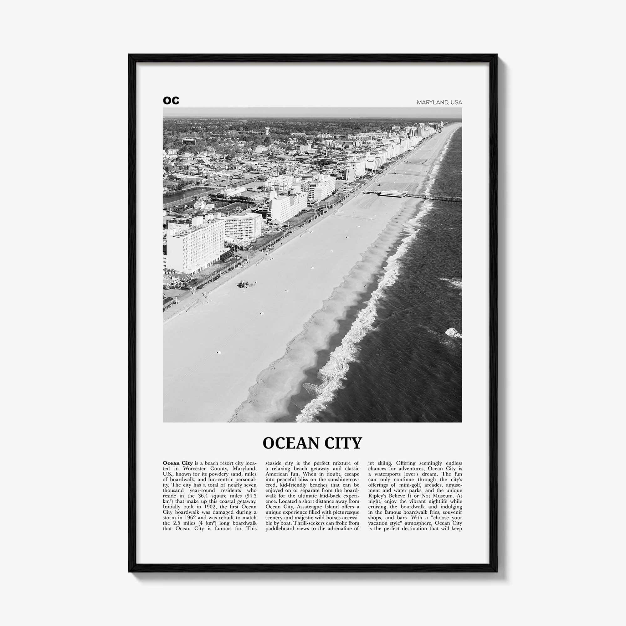 Ocean City Print Black and White Maryland, Ocean City Wall Art, Ocean City Poster, Ocean City Photo, Ocean City Décor, USA, United States