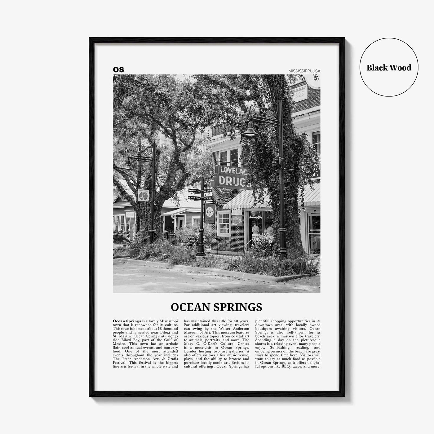 Ocean Springs Print Black and White, Ocean Springs Wall Art, Ocean Springs Poster, Ocean Springs Photo, Springs Wall Décor, Mississippi, USA