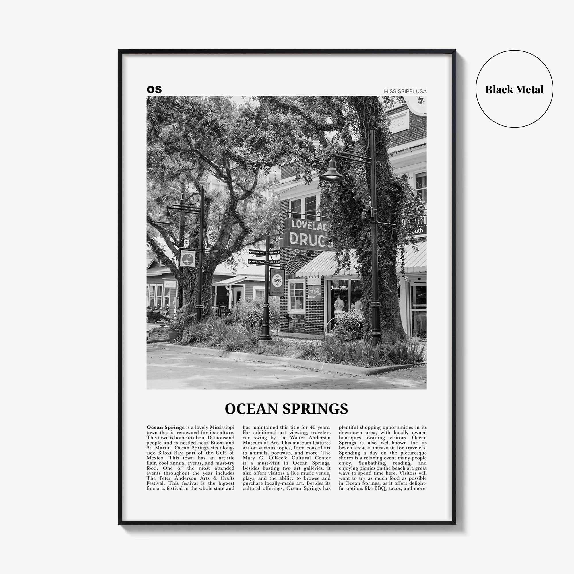 Ocean Springs Print Black and White, Ocean Springs Wall Art, Ocean Springs Poster, Ocean Springs Photo, Springs Wall Décor, Mississippi, USA