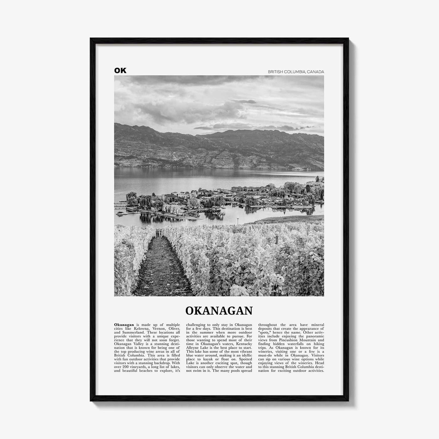 Okanagan Print Black and White, Okanagan Wall Art, Okanagan Poster, Okanagan Photo, Okanagan Décor, Okanagan Map, British Columbia, Canada