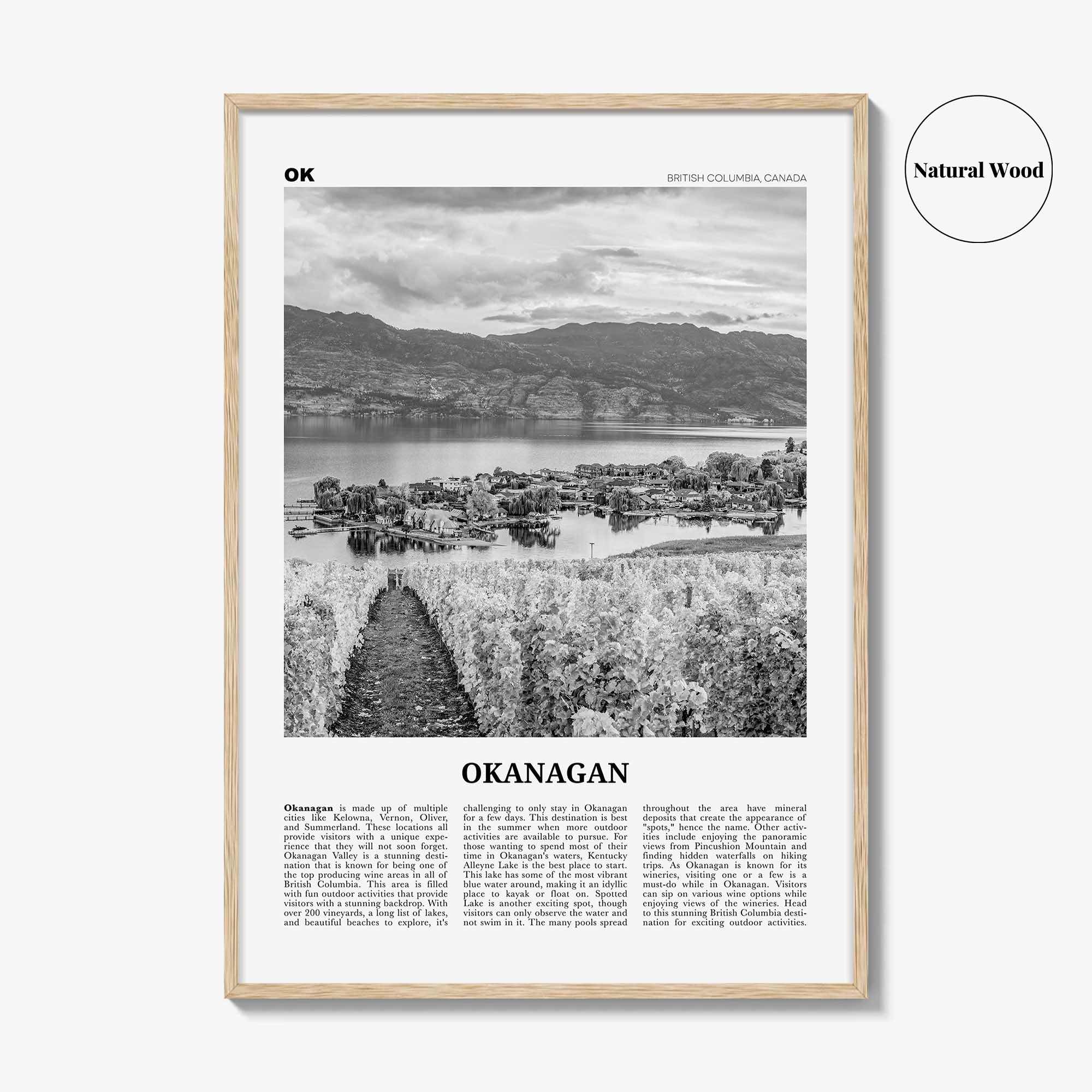 Okanagan Print Black and White, Okanagan Wall Art, Okanagan Poster, Okanagan Photo, Okanagan Décor, Okanagan Map, British Columbia, Canada