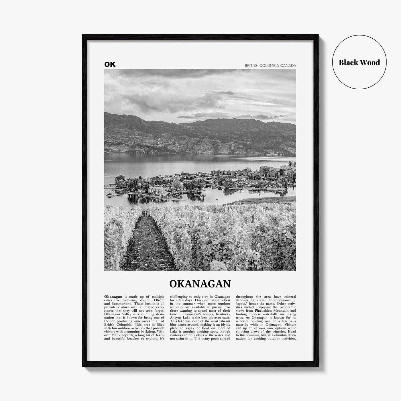Okanagan Print Black and White, Okanagan Wall Art, Okanagan Poster, Okanagan Photo, Okanagan Décor, Okanagan Map, British Columbia, Canada