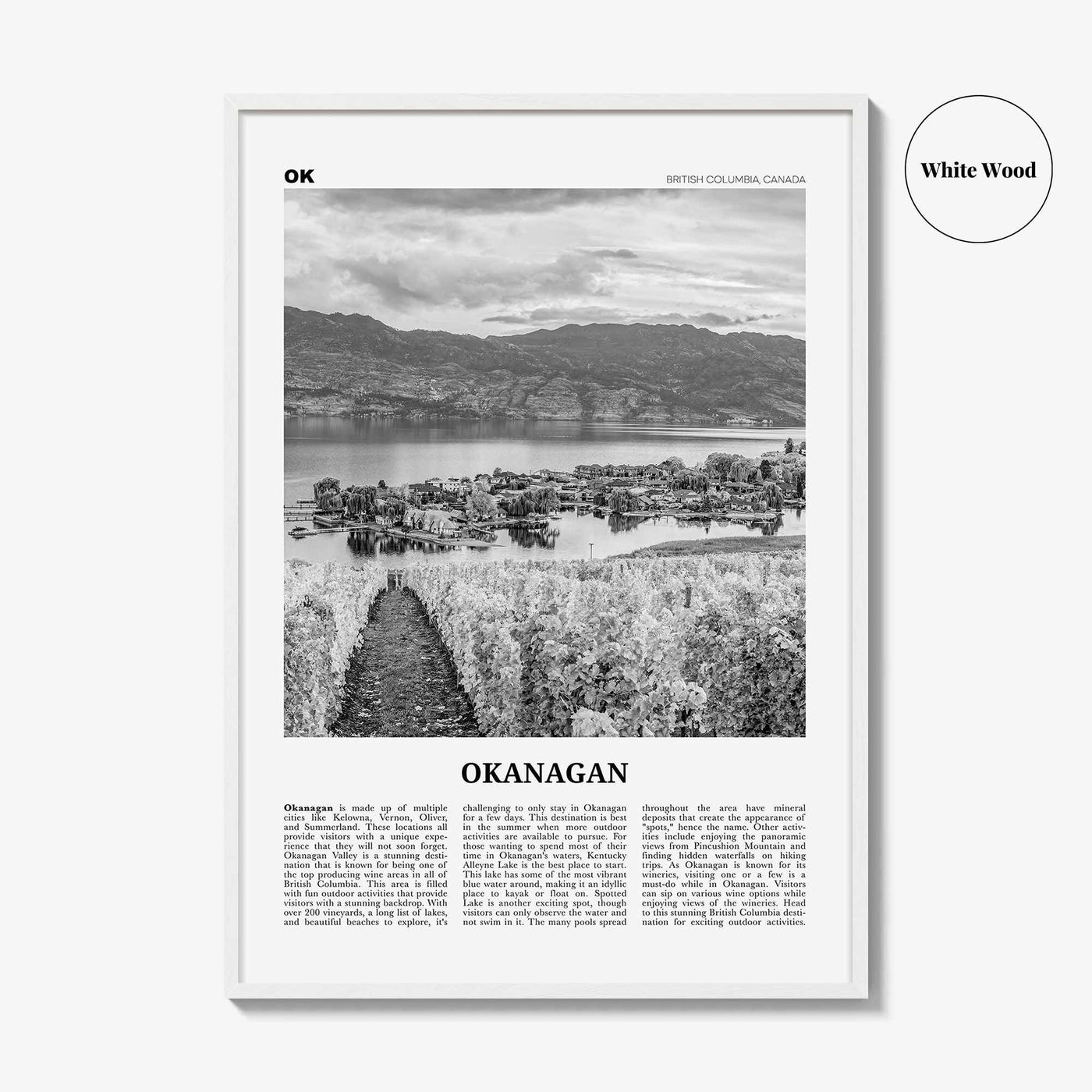 Okanagan Print Black and White, Okanagan Wall Art, Okanagan Poster, Okanagan Photo, Okanagan Décor, Okanagan Map, British Columbia, Canada