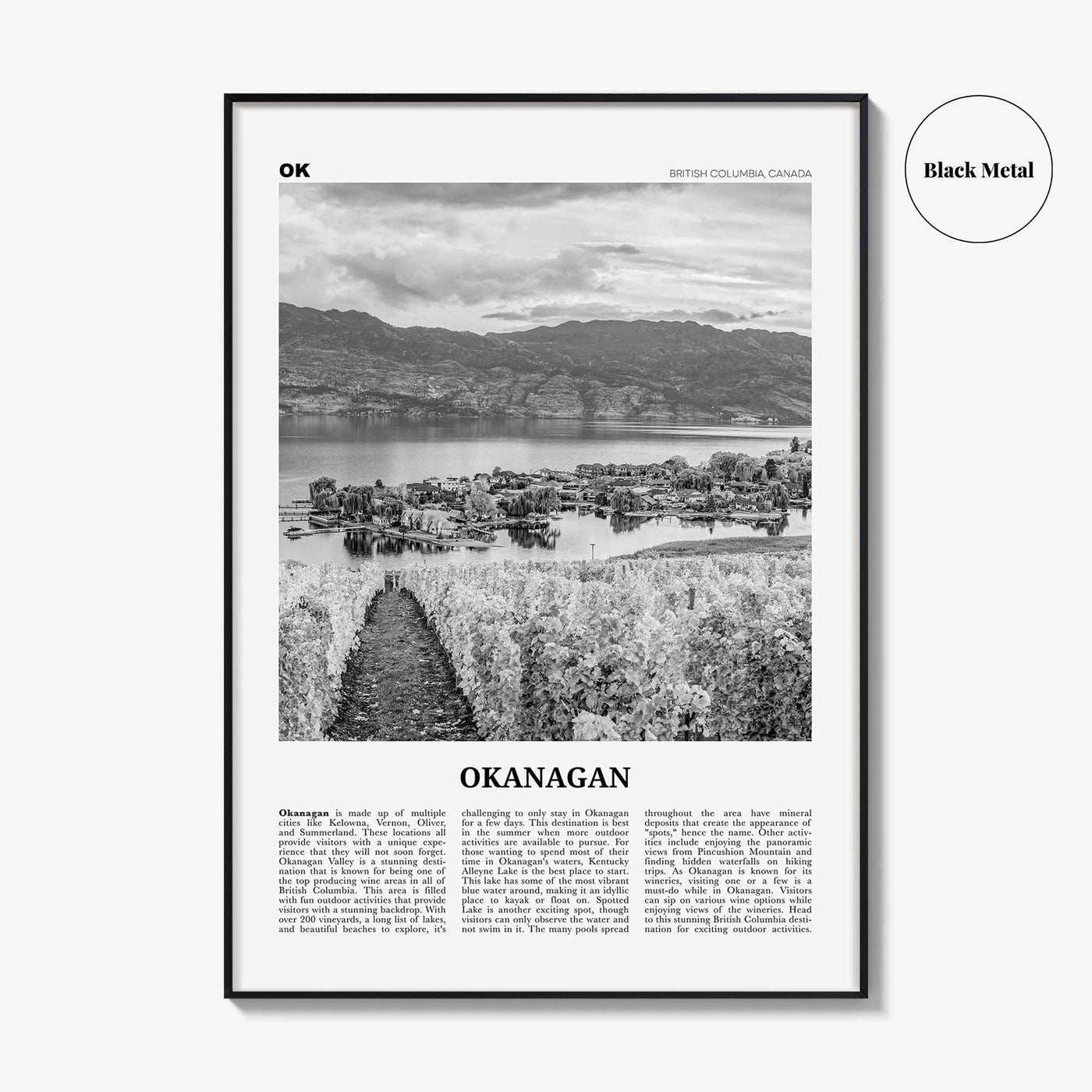 Okanagan Print Black and White, Okanagan Wall Art, Okanagan Poster, Okanagan Photo, Okanagan Décor, Okanagan Map, British Columbia, Canada