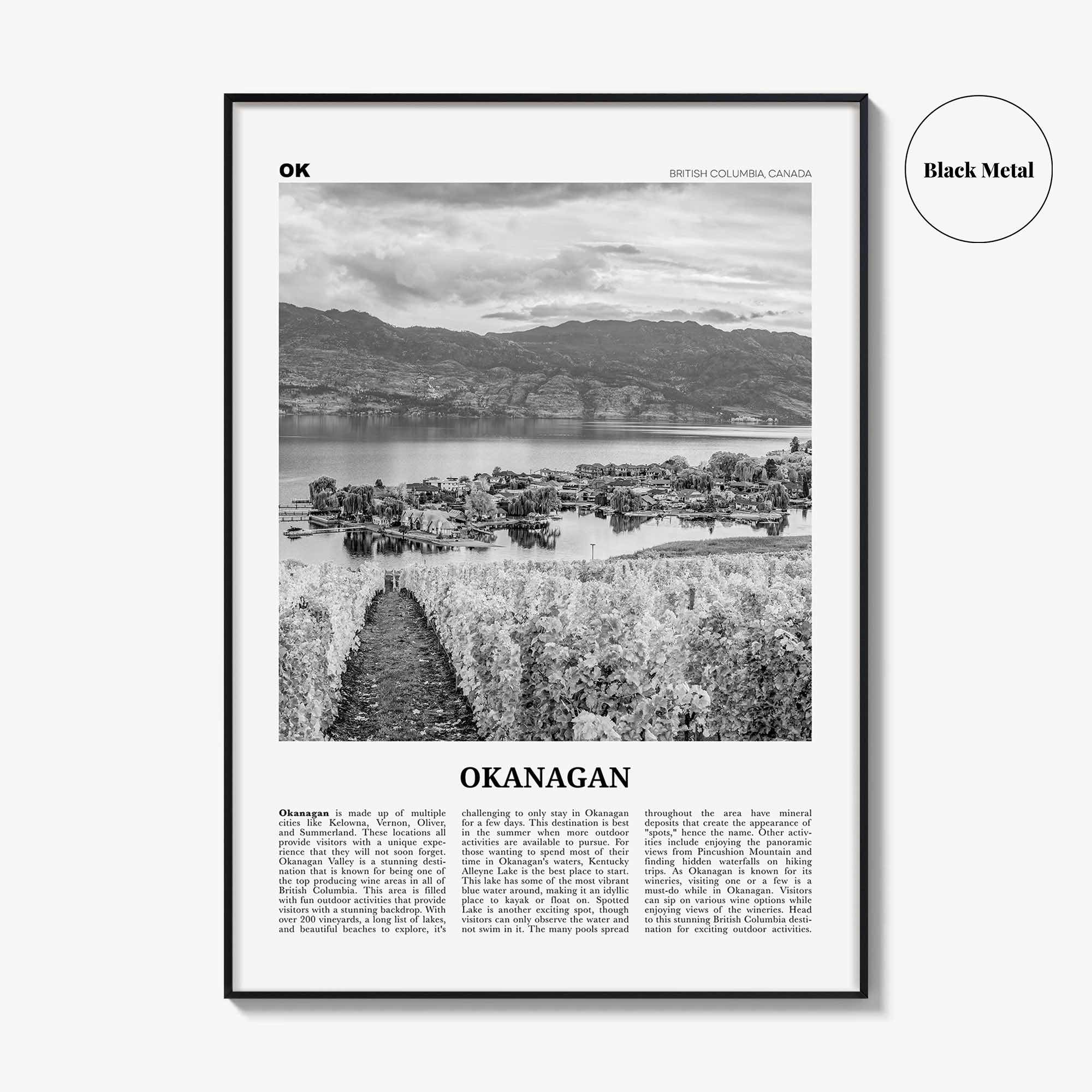 Okanagan Print Black and White, Okanagan Wall Art, Okanagan Poster, Okanagan Photo, Okanagan Décor, Okanagan Map, British Columbia, Canada