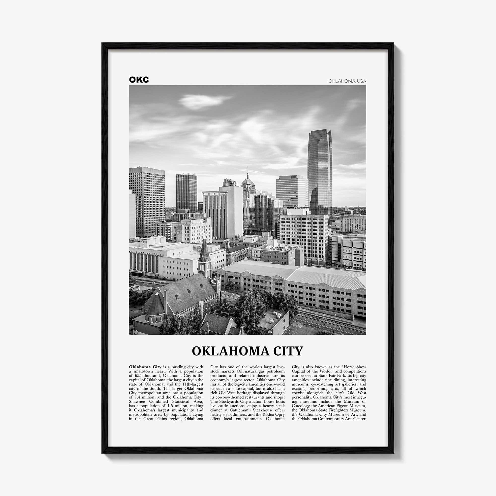 Oklahoma City Print Black and White No 1, Oklahoma City Wall Art, Oklahoma City Poster, Oklahoma City Photo, USA, United States, America