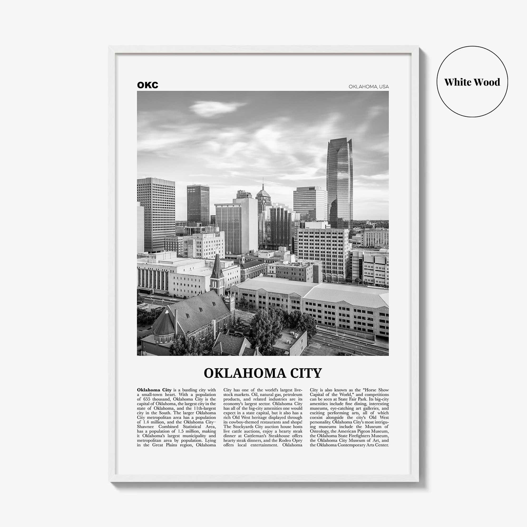 Oklahoma City Print Black and White No 1, Oklahoma City Wall Art, Oklahoma City Poster, Oklahoma City Photo, USA, United States, America