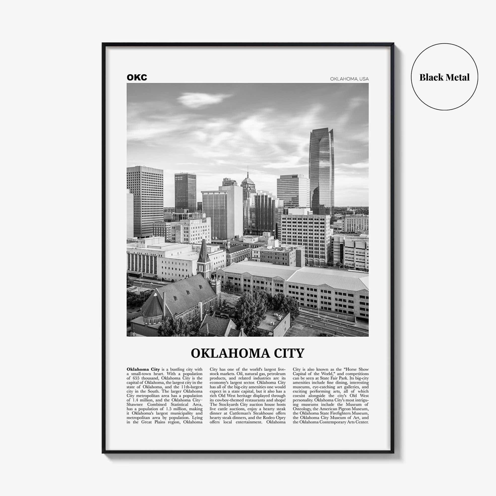 Oklahoma City Print Black and White No 1, Oklahoma City Wall Art, Oklahoma City Poster, Oklahoma City Photo, USA, United States, America