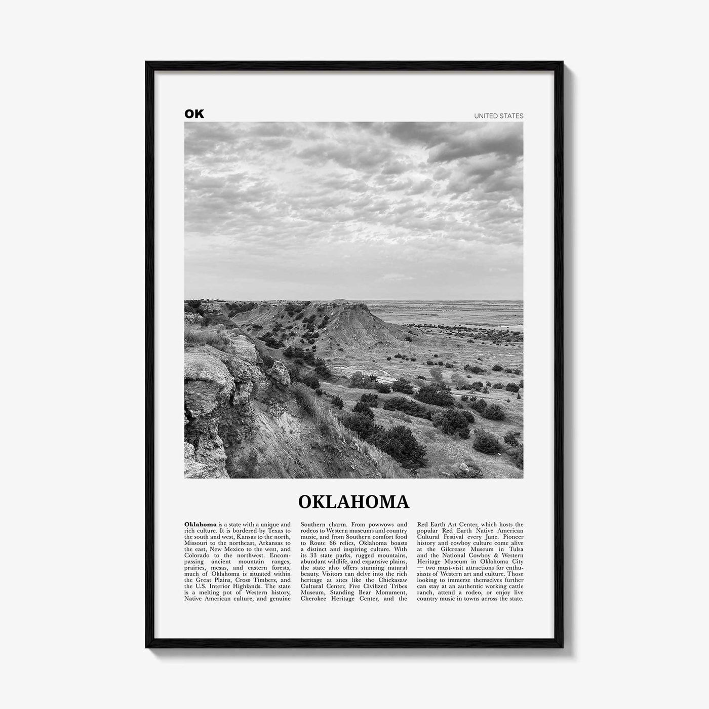 Oklahoma Print Black and White No 2, Oklahoma Wall Art, Oklahoma Poster, Oklahoma Photo, Oklahoma Wall Décor, Oklahoma Map, United States