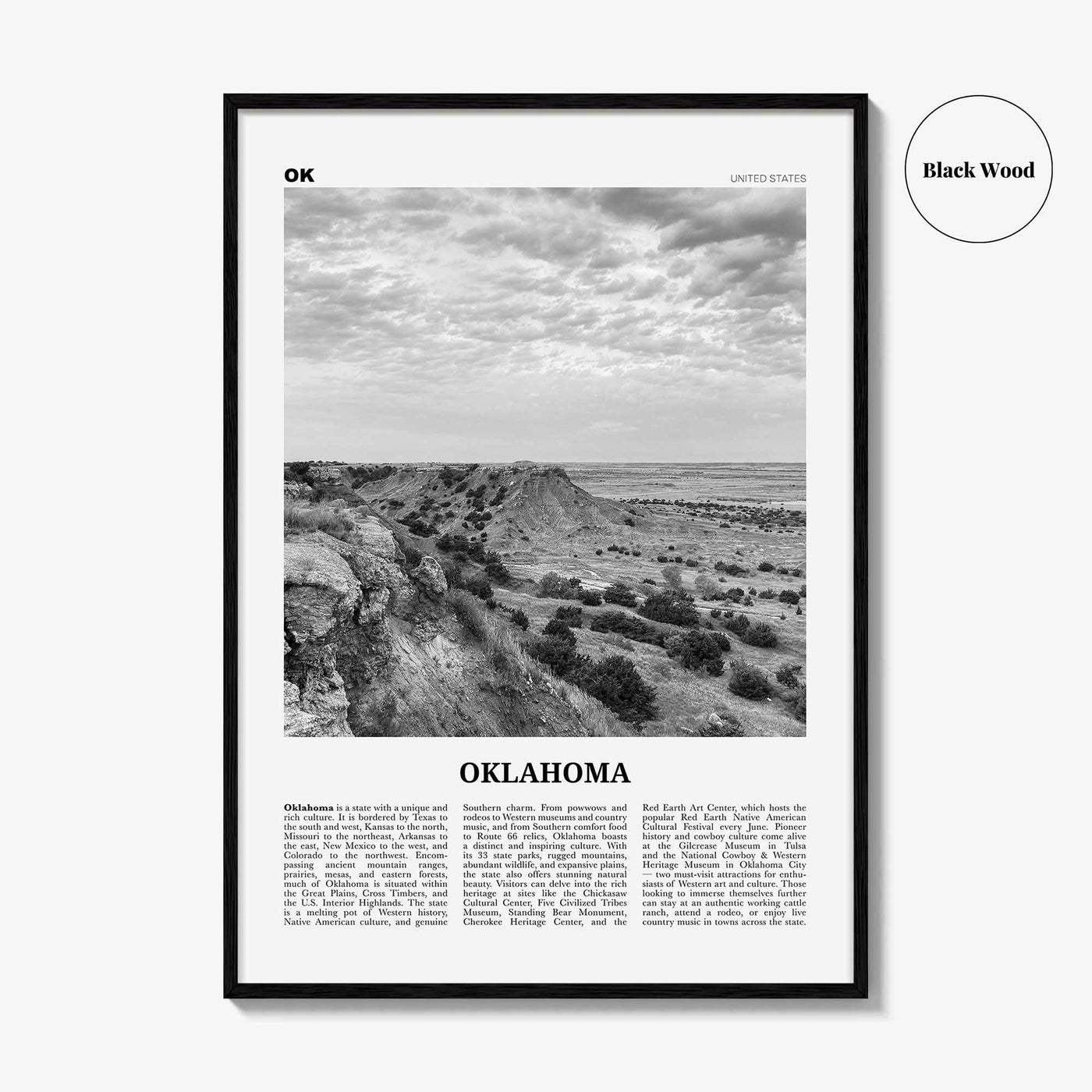 Oklahoma Print Black and White No 2, Oklahoma Wall Art, Oklahoma Poster, Oklahoma Photo, Oklahoma Wall Décor, Oklahoma Map, United States