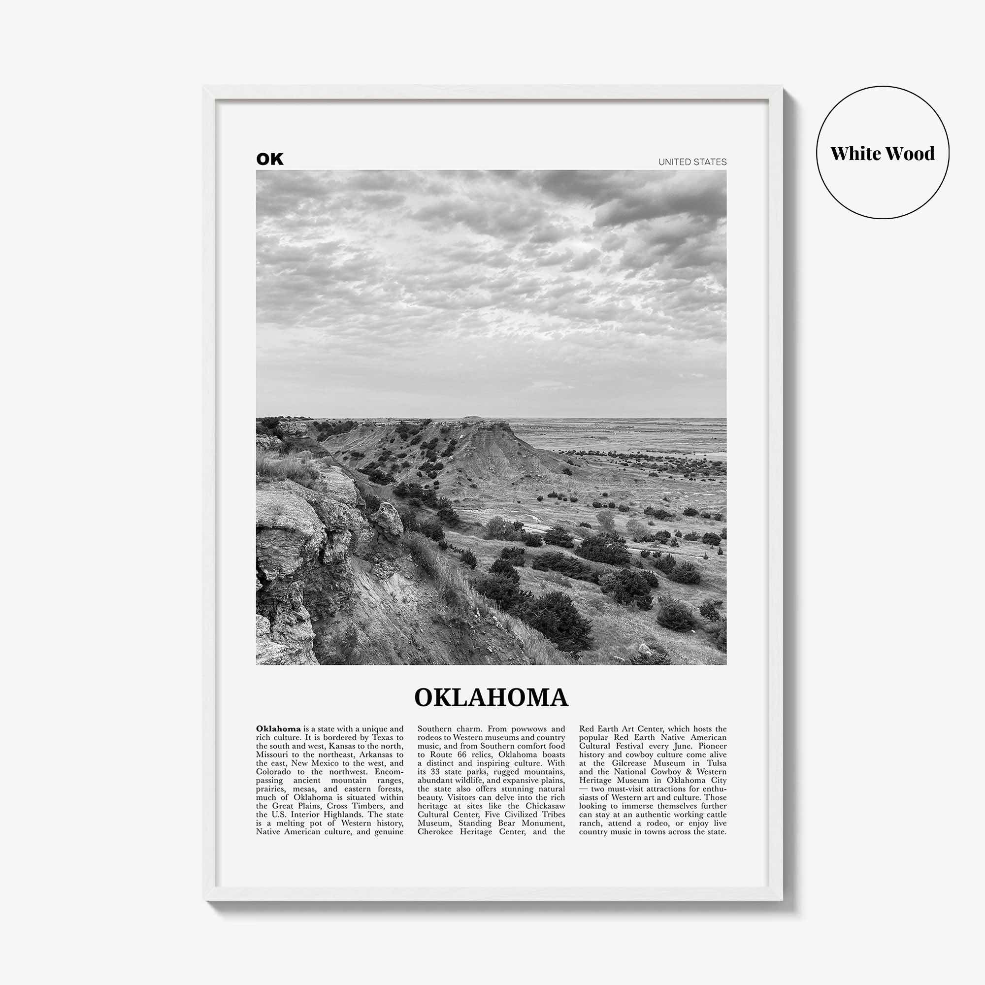 Oklahoma Print Black and White No 2, Oklahoma Wall Art, Oklahoma Poster, Oklahoma Photo, Oklahoma Wall Décor, Oklahoma Map, United States