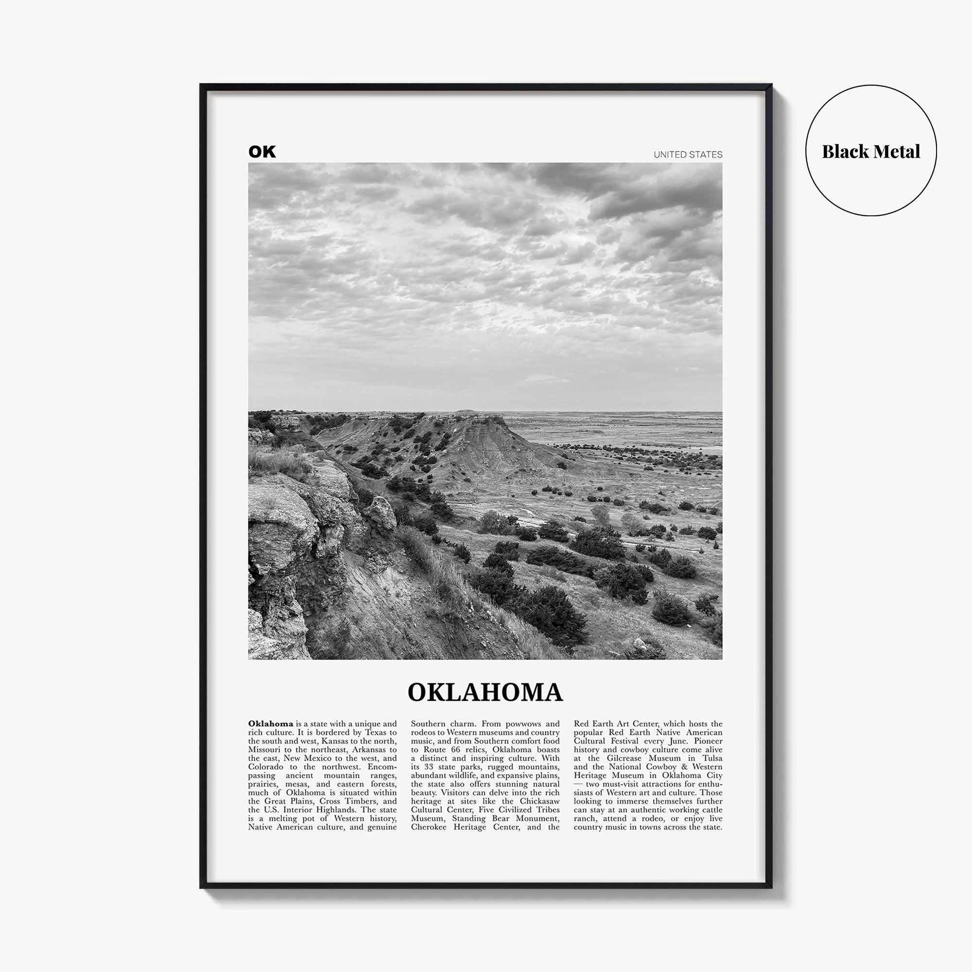 Oklahoma Print Black and White No 2, Oklahoma Wall Art, Oklahoma Poster, Oklahoma Photo, Oklahoma Wall Décor, Oklahoma Map, United States