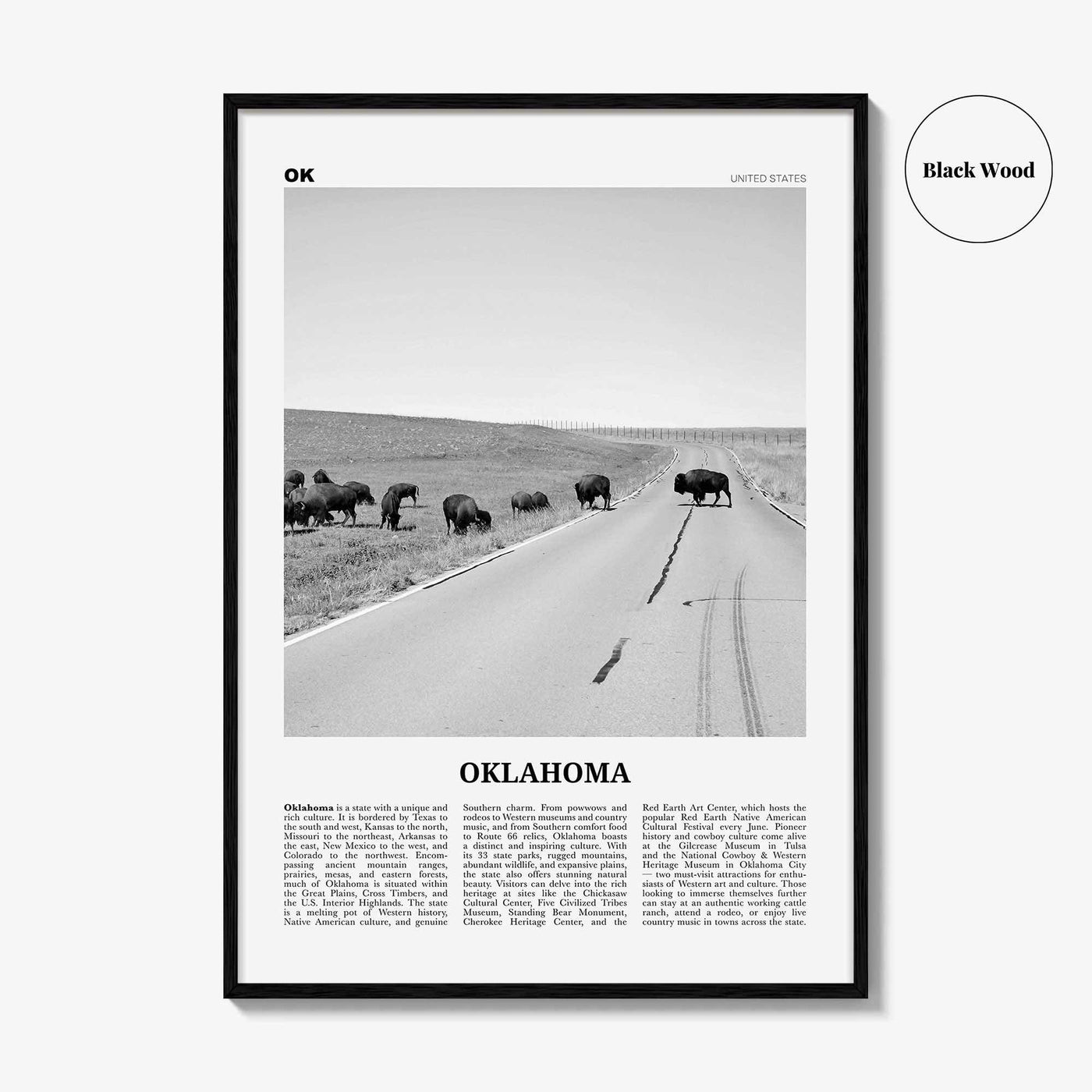 Oklahoma Print Black and White No 3, Oklahoma Wall Art, Oklahoma Poster, Oklahoma Photo, Oklahoma Wall Décor, Oklahoma Map, United States