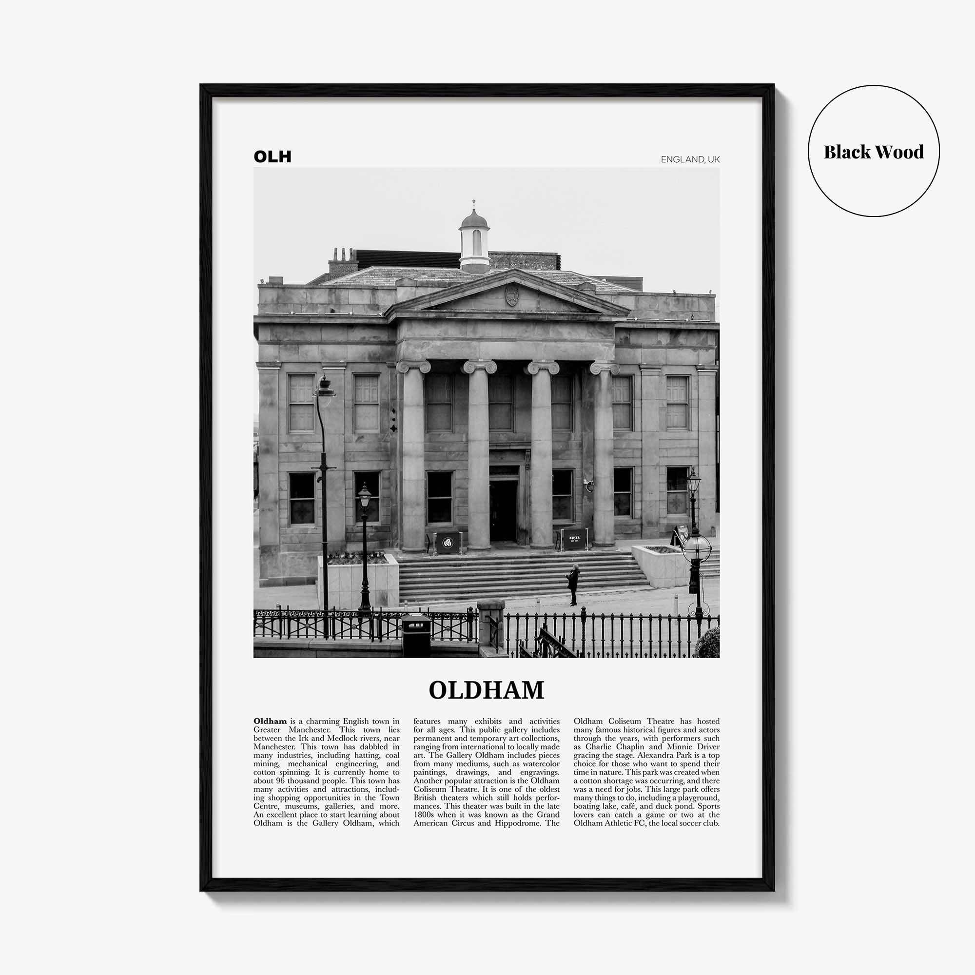 Oldham Print Black and White, Oldham Wall Art, Oldham Poster, Oldham Photo, Oldham Wall Décor, Oldham Map, England, UK