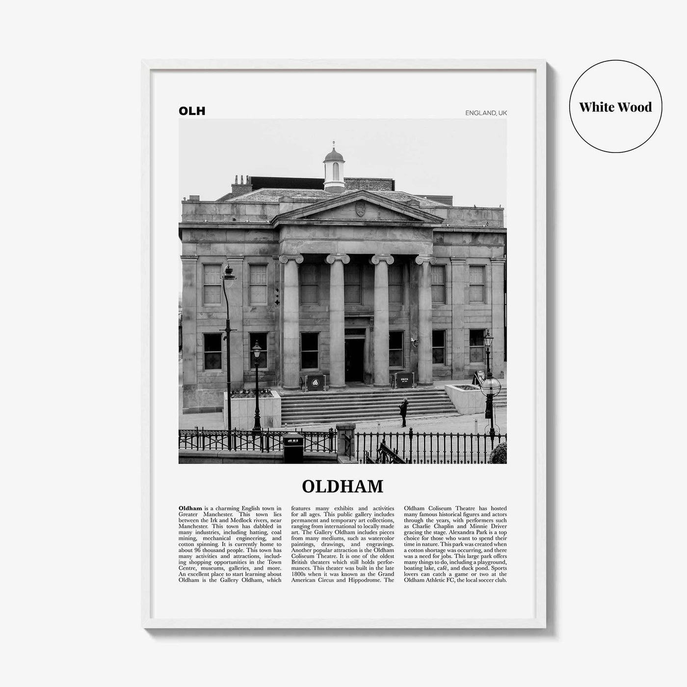 Oldham Print Black and White, Oldham Wall Art, Oldham Poster, Oldham Photo, Oldham Wall Décor, Oldham Map, England, UK