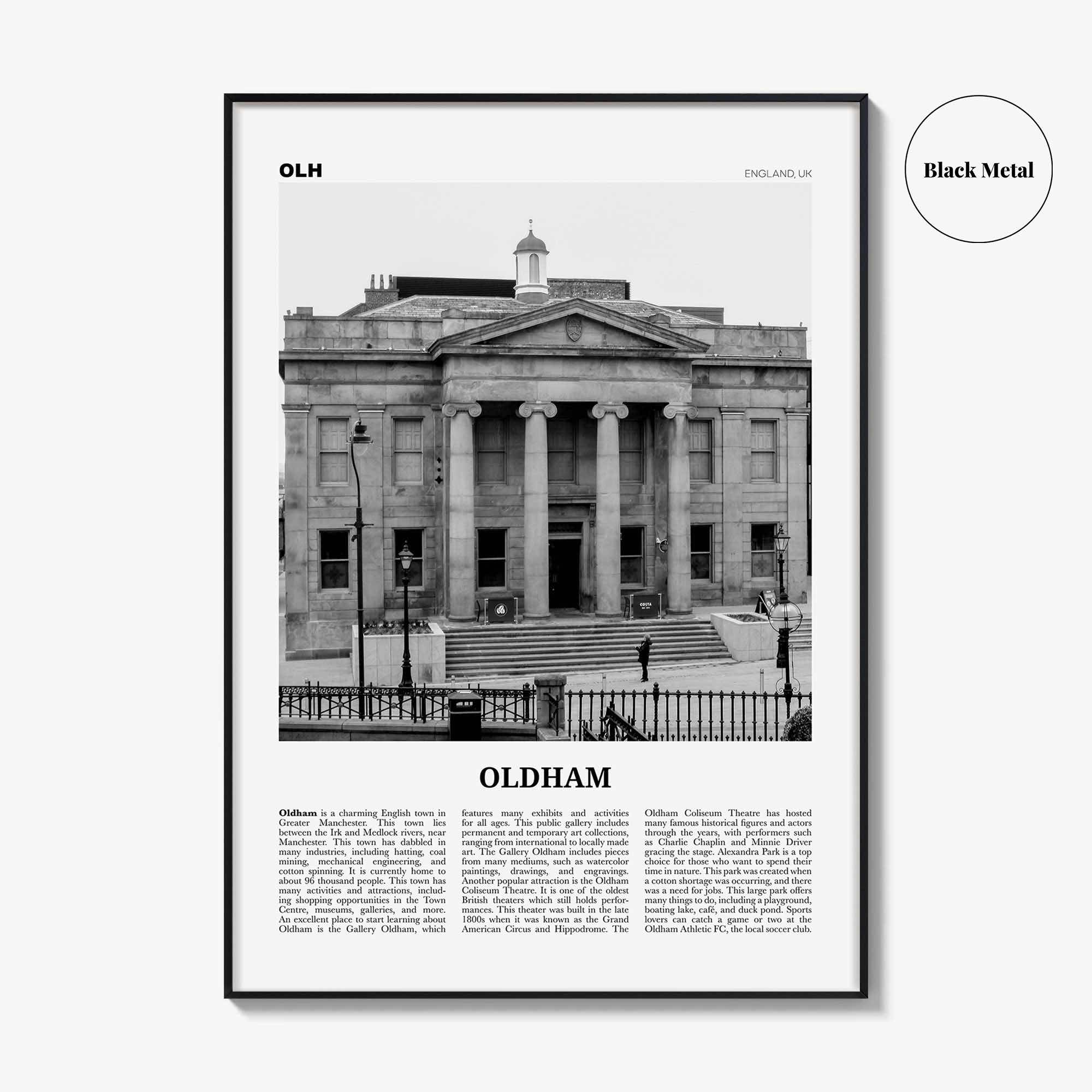 Oldham Print Black and White, Oldham Wall Art, Oldham Poster, Oldham Photo, Oldham Wall Décor, Oldham Map, England, UK