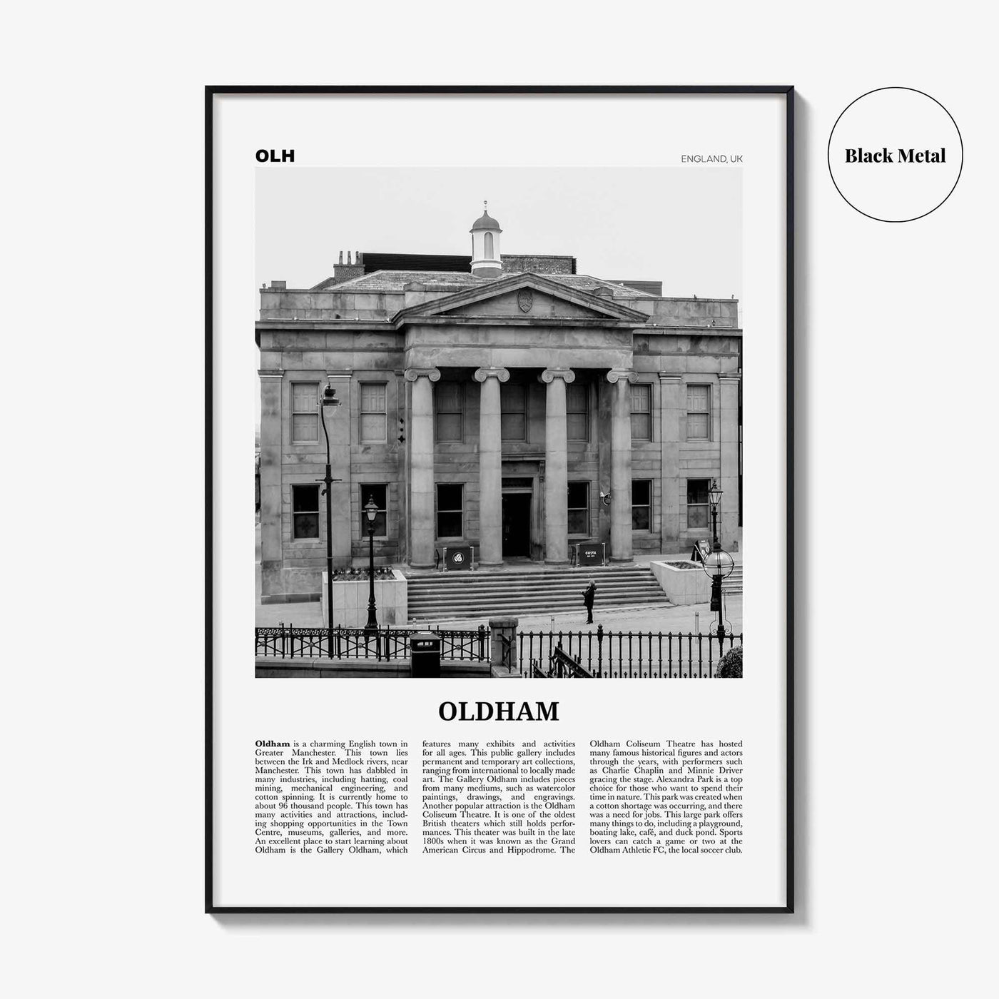 Oldham Print Black and White, Oldham Wall Art, Oldham Poster, Oldham Photo, Oldham Wall Décor, Oldham Map, England, UK