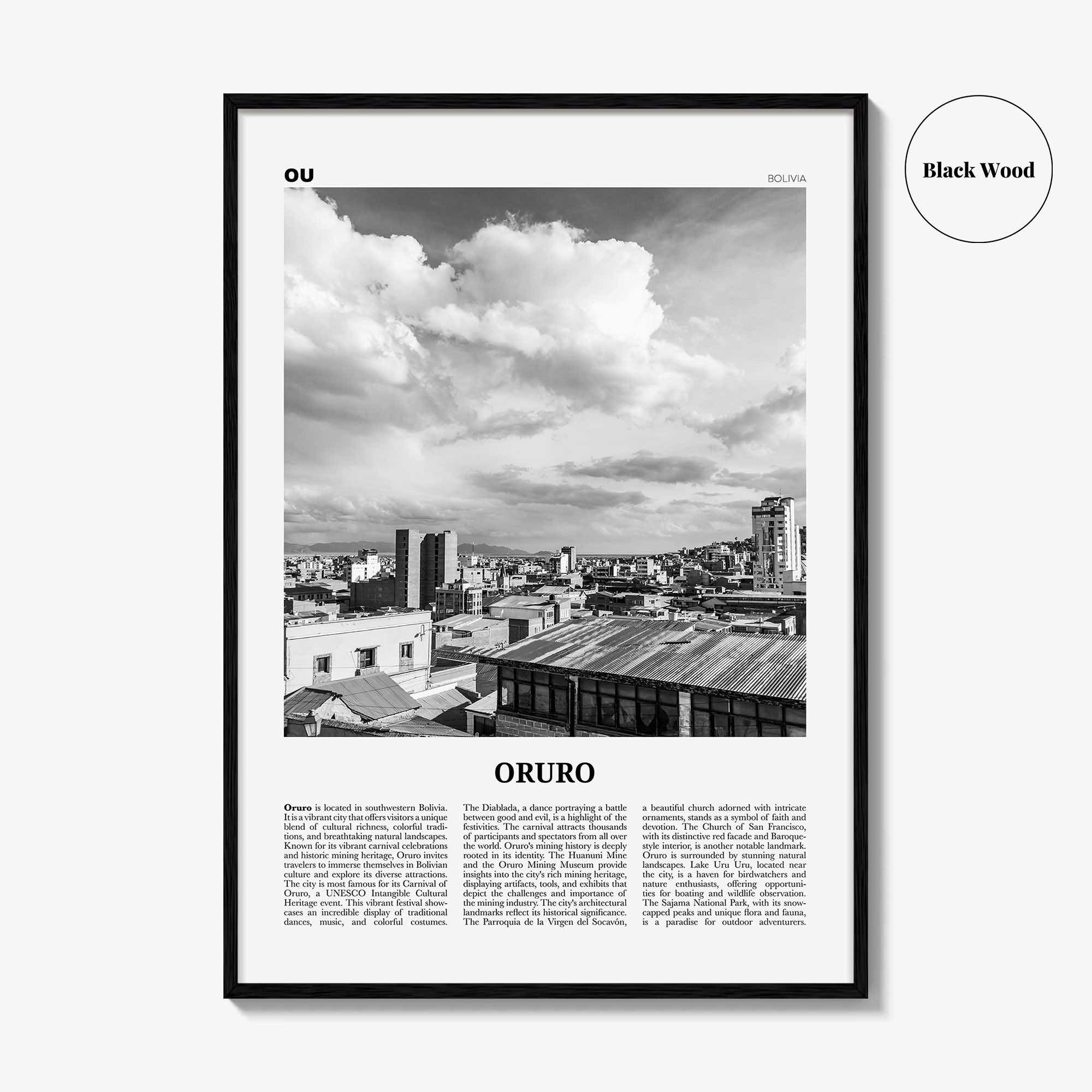 Oruro Print Black and White, Oruro Wall Art, Oruro Poster, Oruro Photo, Oruro Wall Décor, Oruro Map, Bolivia