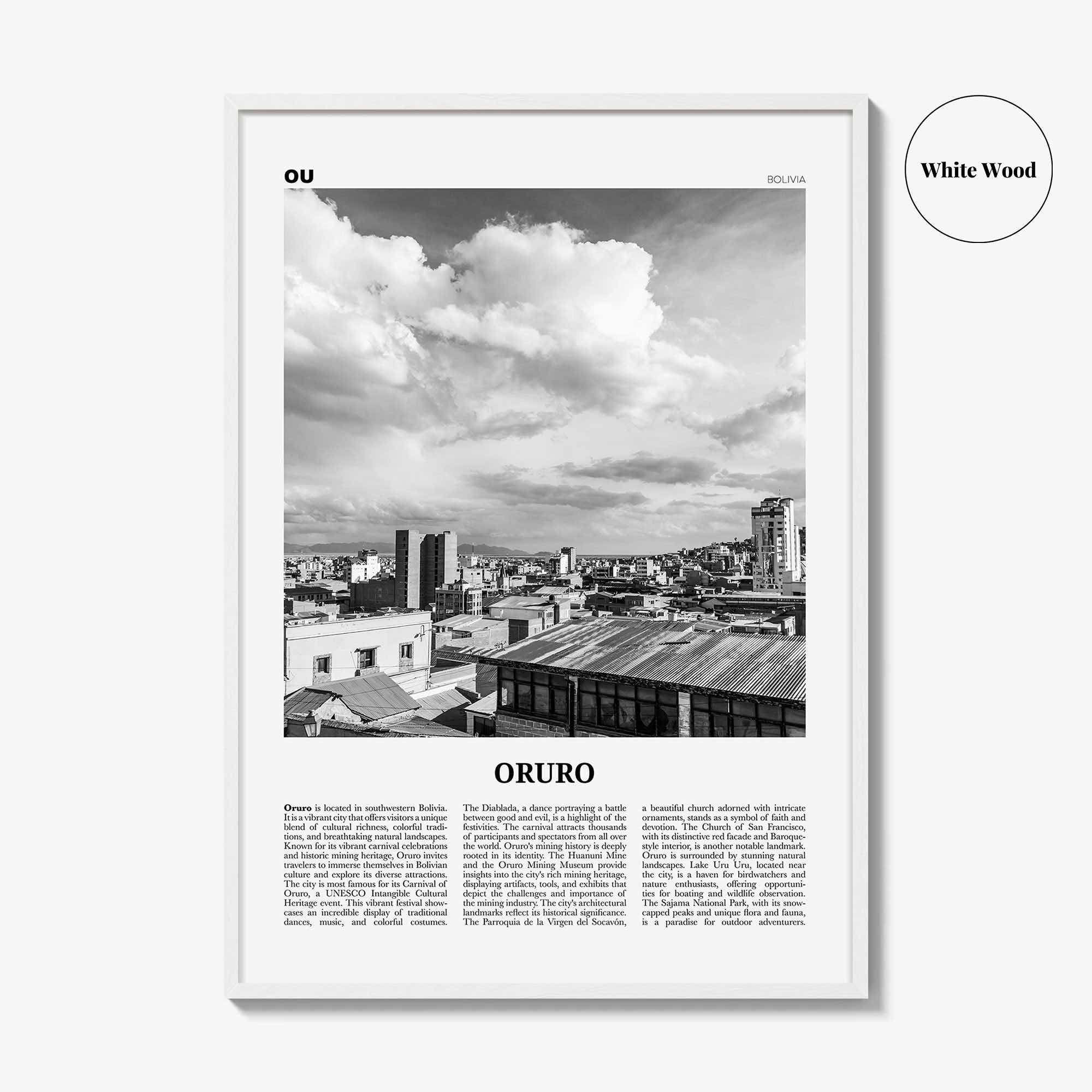 Oruro Print Black and White, Oruro Wall Art, Oruro Poster, Oruro Photo, Oruro Wall Décor, Oruro Map, Bolivia
