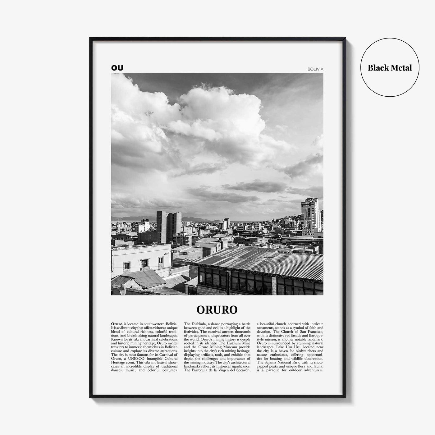 Oruro Print Black and White, Oruro Wall Art, Oruro Poster, Oruro Photo, Oruro Wall Décor, Oruro Map, Bolivia