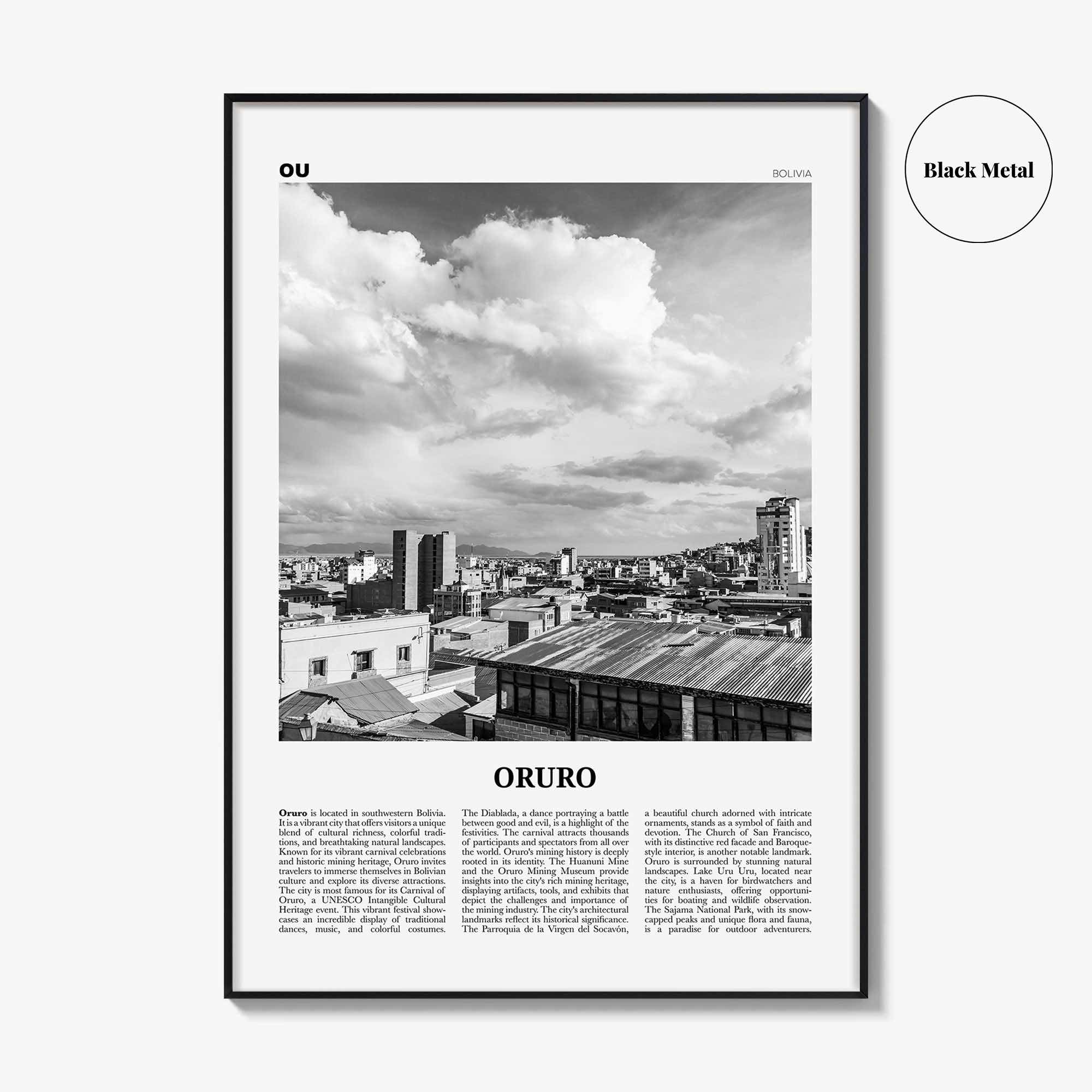 Oruro Print Black and White, Oruro Wall Art, Oruro Poster, Oruro Photo, Oruro Wall Décor, Oruro Map, Bolivia