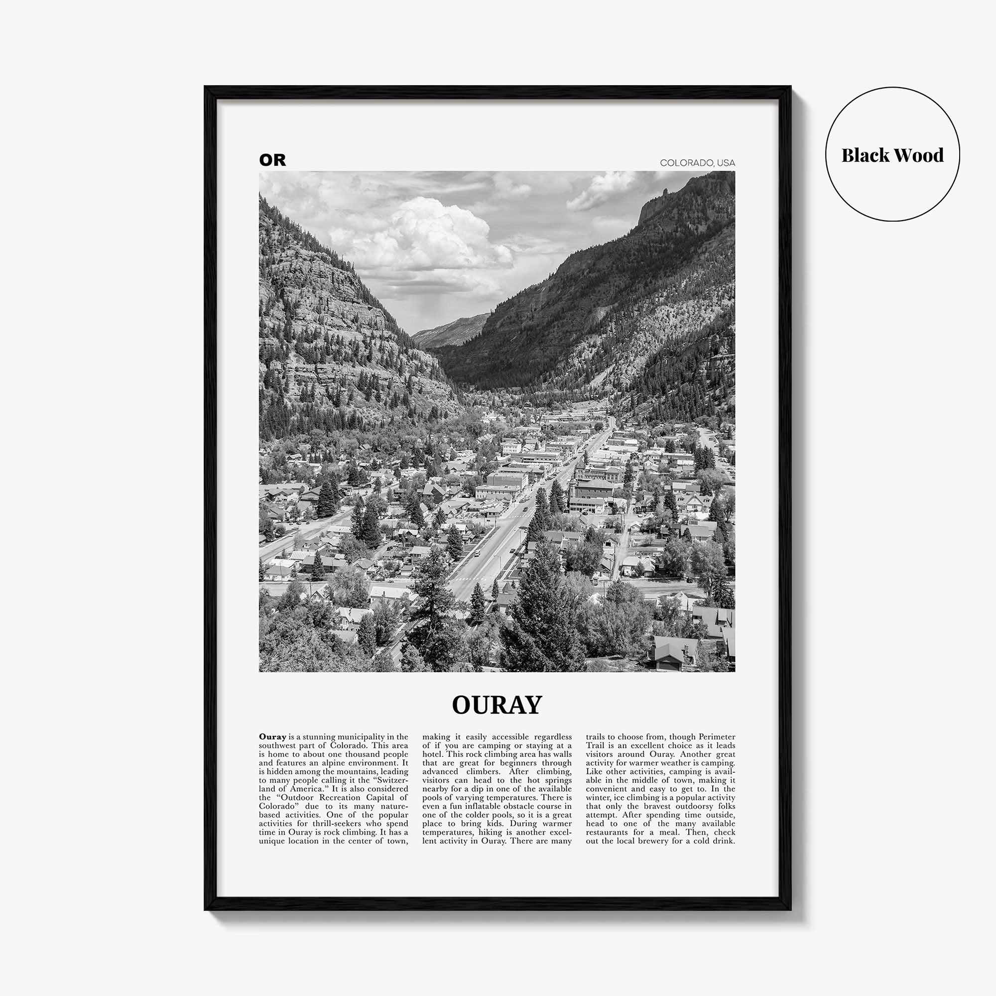 Ouray Print Black and White, Ouray Wall Art, Ouray Poster, Ouray Photo, Ouray Wall Décor, Ouray Map, Colorado, USA