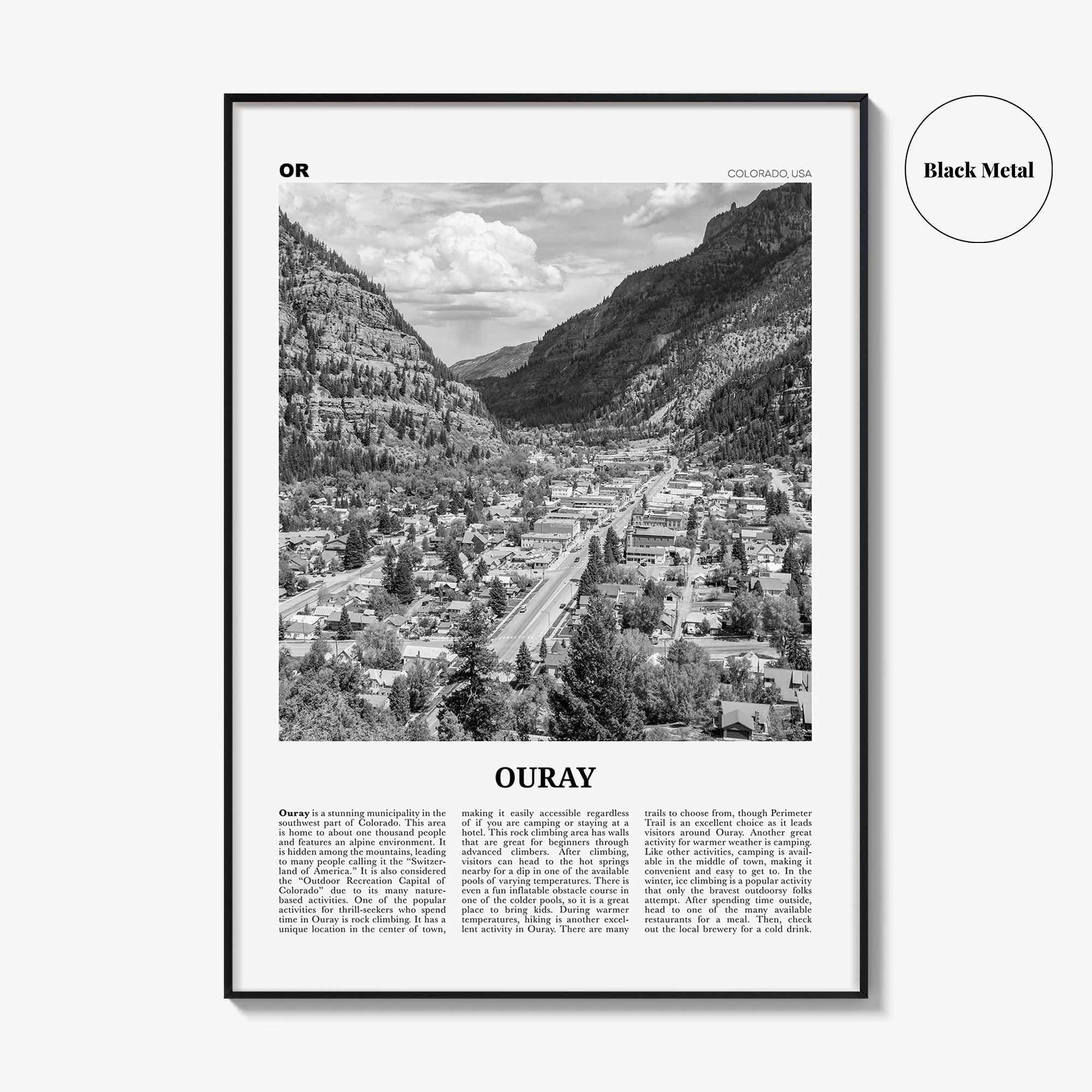 Ouray Print Black and White, Ouray Wall Art, Ouray Poster, Ouray Photo, Ouray Wall Décor, Ouray Map, Colorado, USA