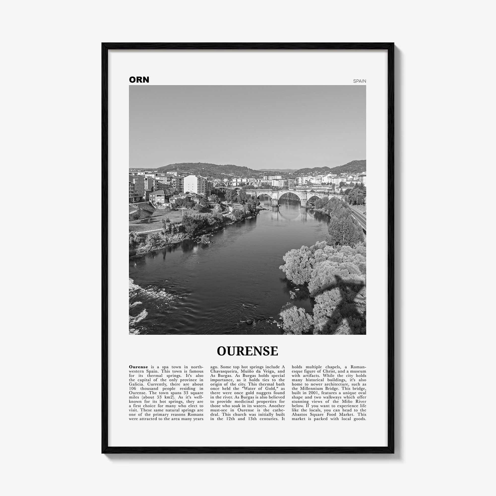 Ourense Print Black and White, Ourense Wall Art, Ourense Poster, Ourense Photo, Ourense Wall Décor, Ourense Map, Spain
