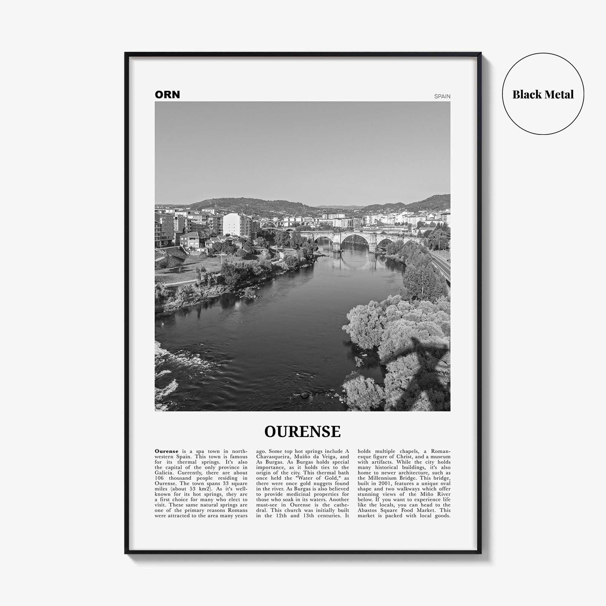 Ourense Print Black and White, Ourense Wall Art, Ourense Poster, Ourense Photo, Ourense Wall Décor, Ourense Map, Spain