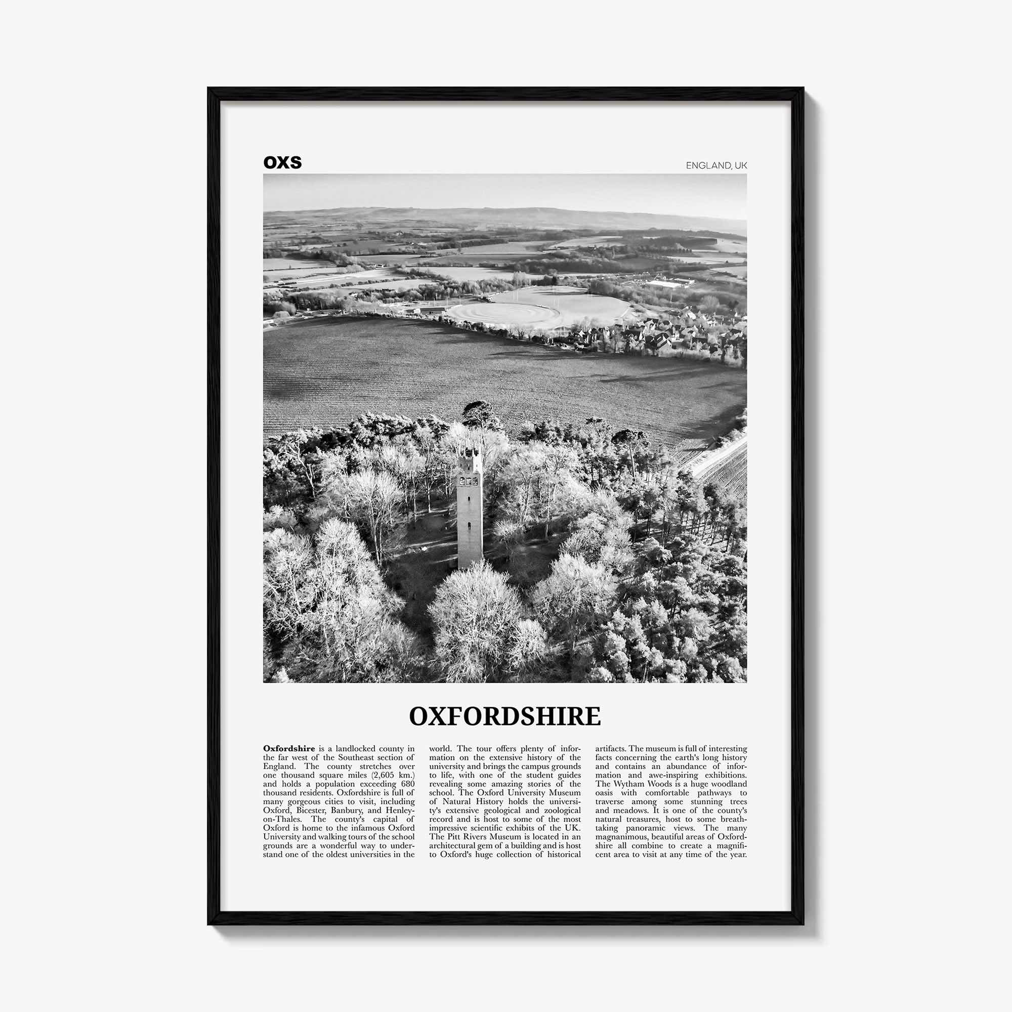 Oxfordshire Print Black and White, Oxfordshire Wall Art, Oxfordshire Poster, Oxfordshire Photo, Oxfordshire Map, England, UK, United Kingdom